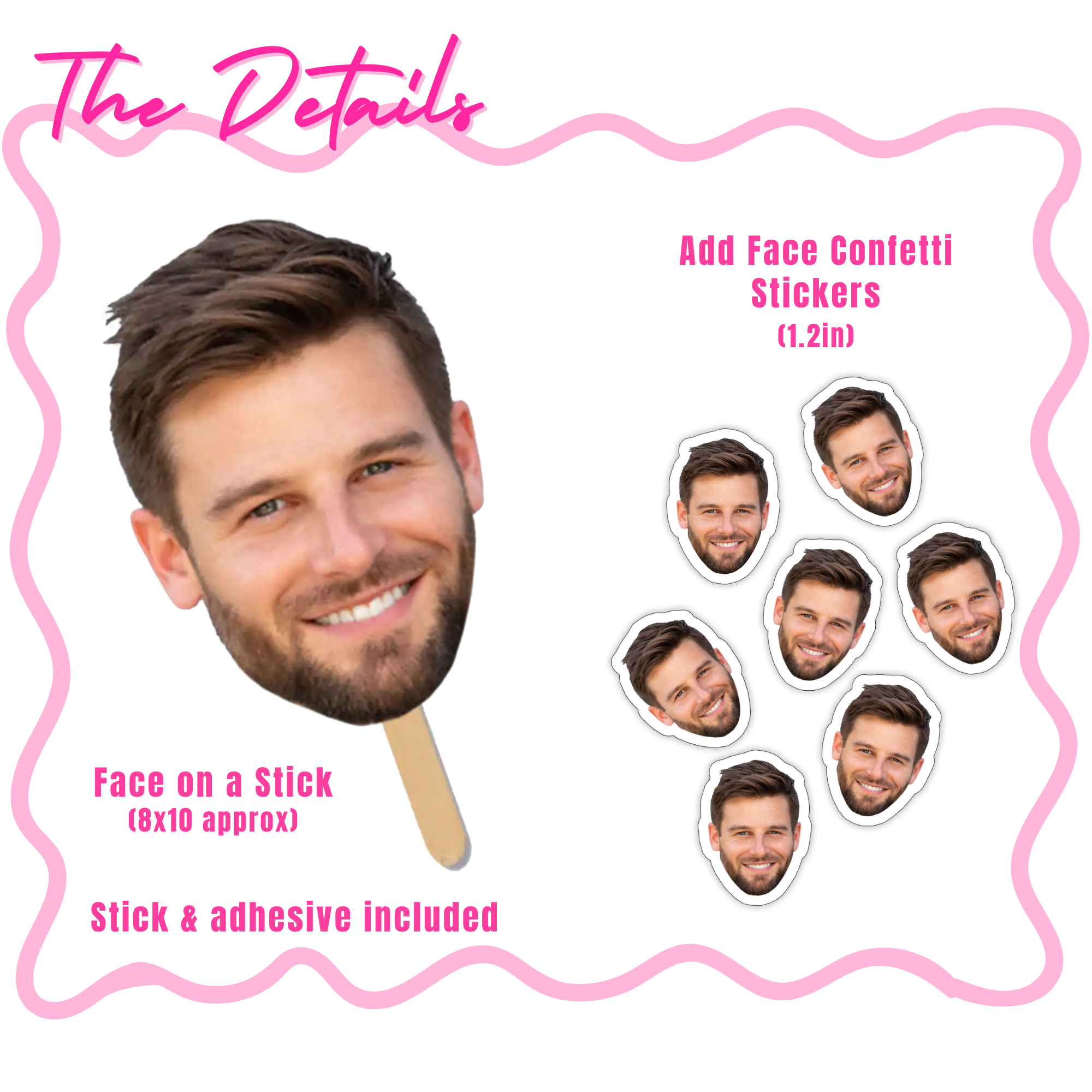 Custom face-on-a-stick photo prop with matching confetti table decor – personalized party favors and decorations for birthdays, bachelorette parties, and graduations.