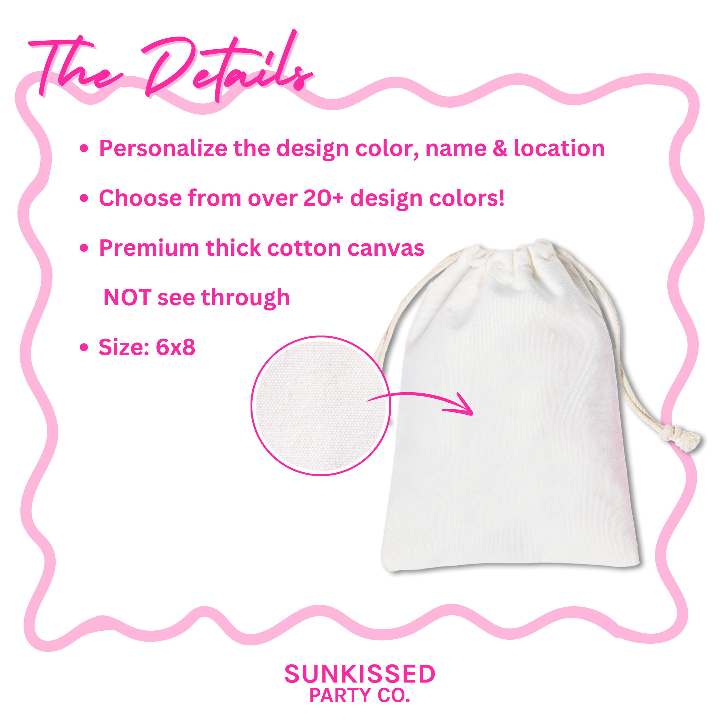 Reusable canvas drawstring bag, customized for birthday celebrations.  Perfect recovery kit for a destination celebration.