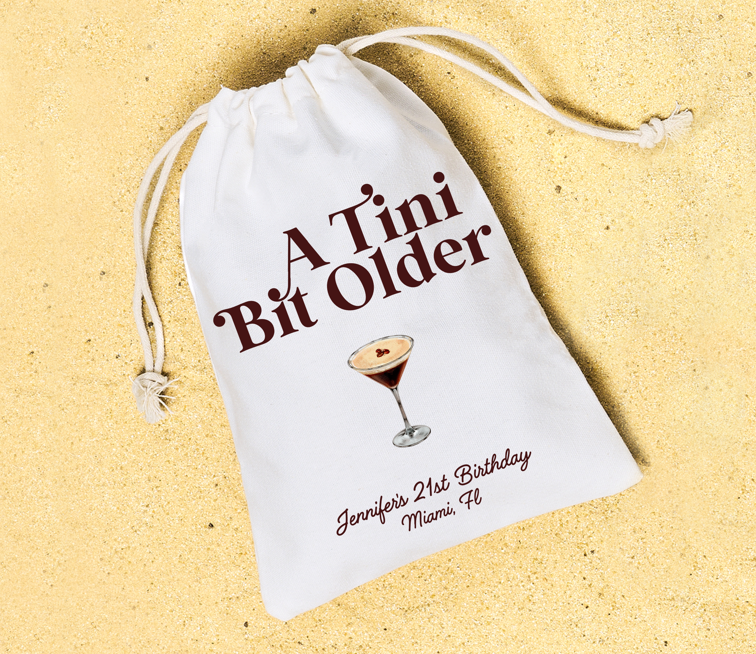 "A tini bit older" hangover kit with a customizable espresso martini design. 
Espresso Martini themed Birthday Party Favor. 