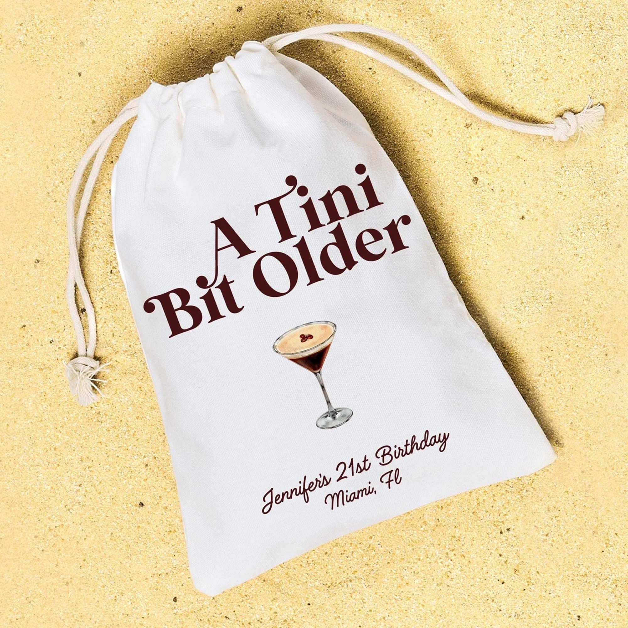 "A tini bit older" hangover kit with a customizable espresso martini design. 
Espresso Martini themed Birthday Party Favor. 