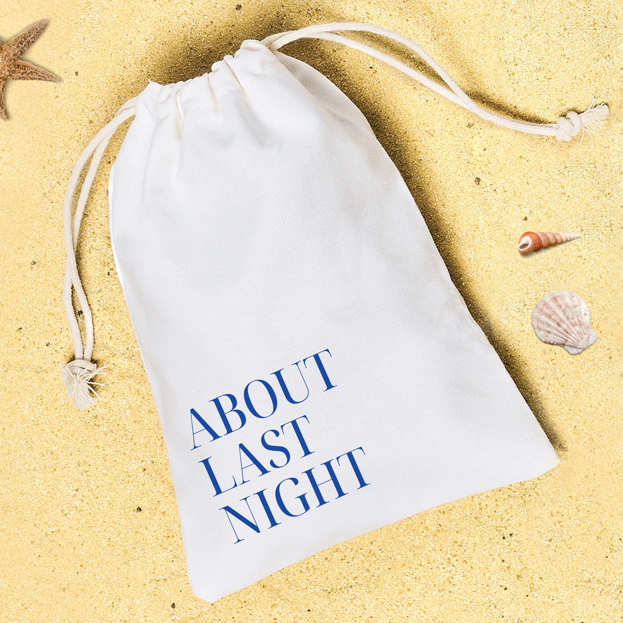 About Last Night Hangover Kit—bachelorette party favor, recovery kit, bridesmaid gift, and wedding drawstring bag for birthdays and celebrations.