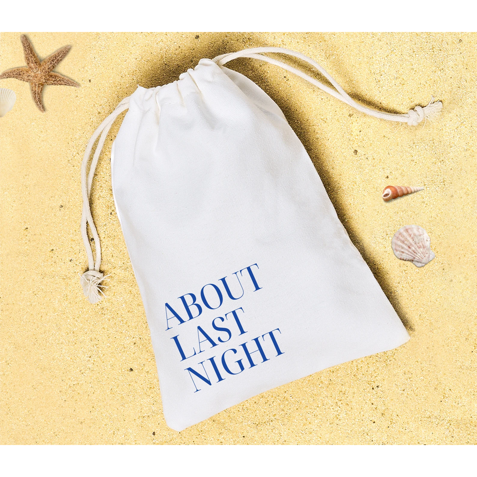 About Last Night Hangover Kit—bachelorette party favor, recovery kit, bridesmaid gift, and wedding drawstring bag for birthdays and celebrations.