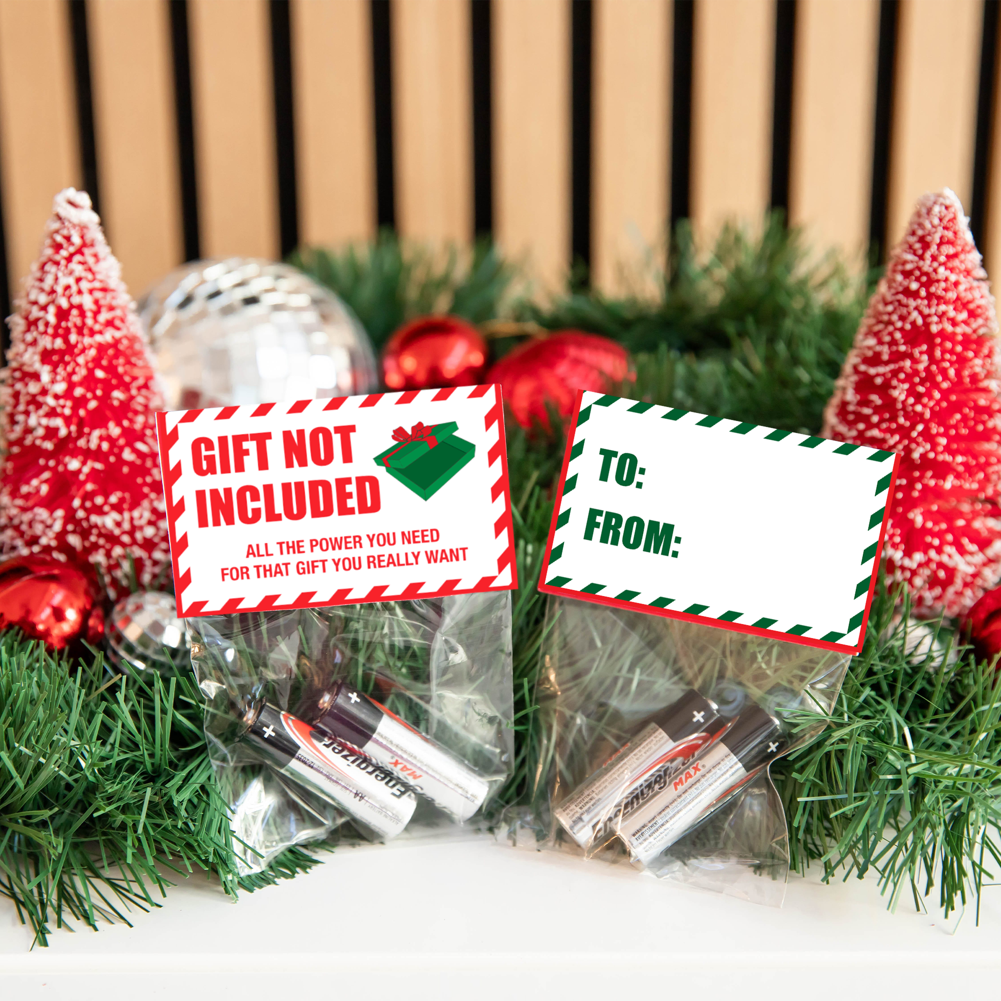 Holiday gag gift 'Gift Not Included' – stocking stuffer with two batteries, perfect funny gift for friends, family, kids and coworkers.