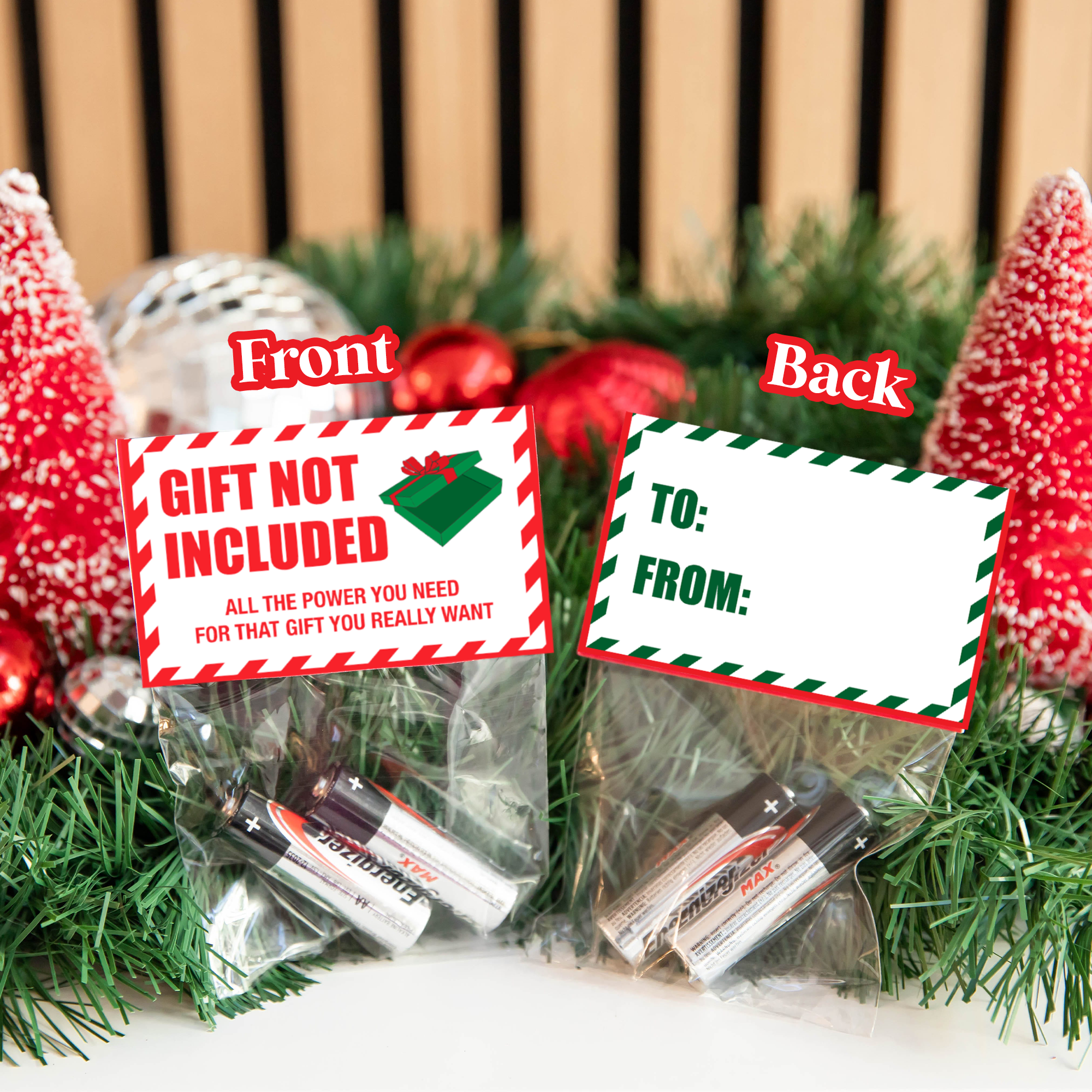 Hilarious stocking stuffer that reads 'Gift Not Included' – funny gift that includes two AA batteries, perfect for white elephant or secret Santa games.