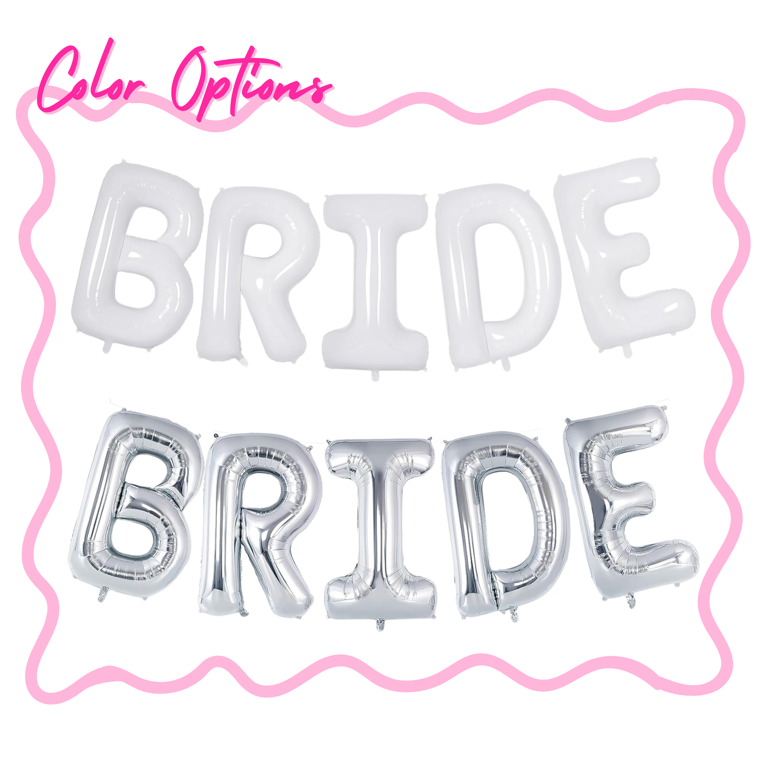 Silver and White "Bride" balloon garland for engagement and bachelorette party decor. 