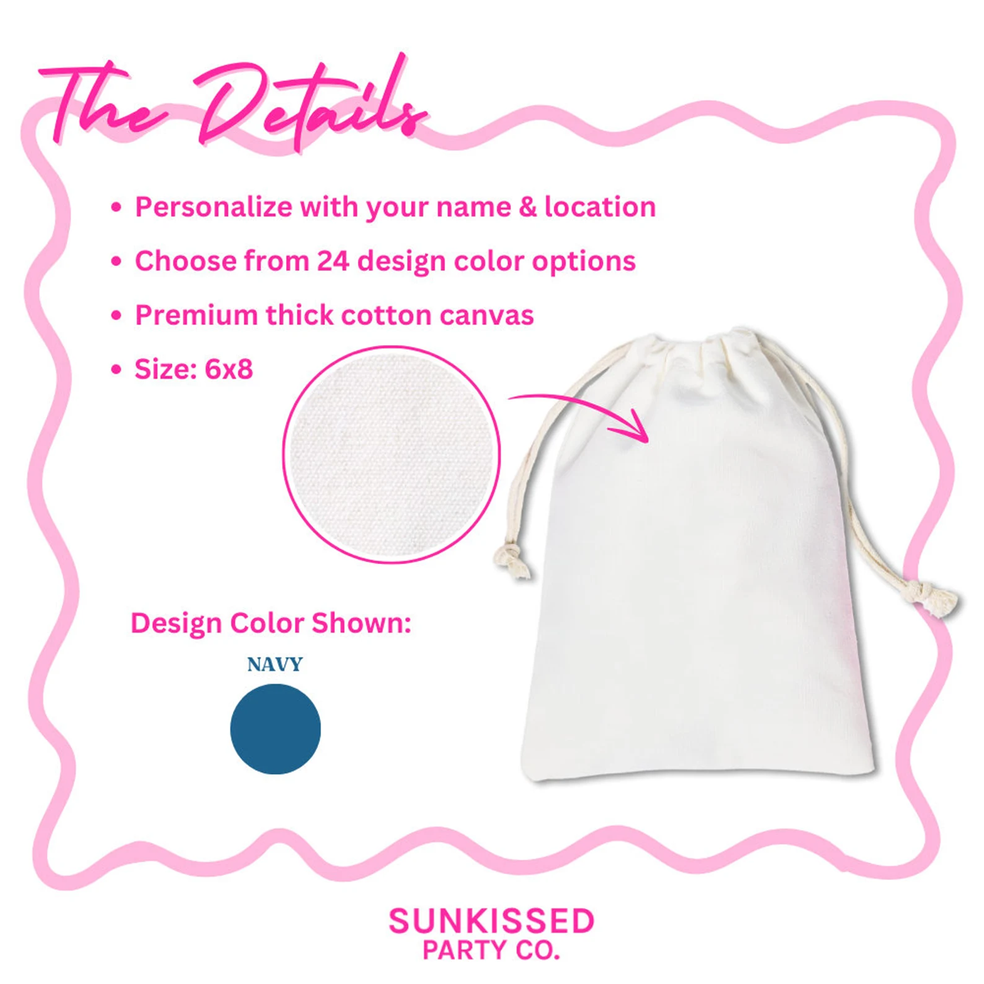 Premium thick cotton canvas bag, 6x8 sizing—durable drawstring party favor bag perfect for bachelorette celebrations, birthdays, and wedding favors.