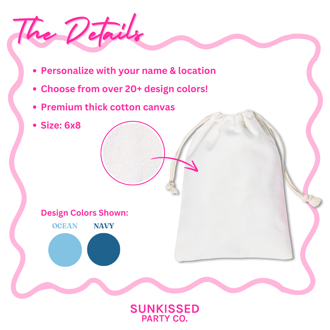 Custom bachelorette hangover kit bag – 6x8 cotton canvas drawstring favor, personalized for girls trip or party.