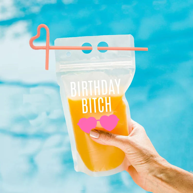 Custom refillable drink pouches—personalized adult cocktail bags for bridal showers, beach trips, and bachelorette parties. Fun travel-friendly booze bags with guest names for wedding party favors and poolside drinks.