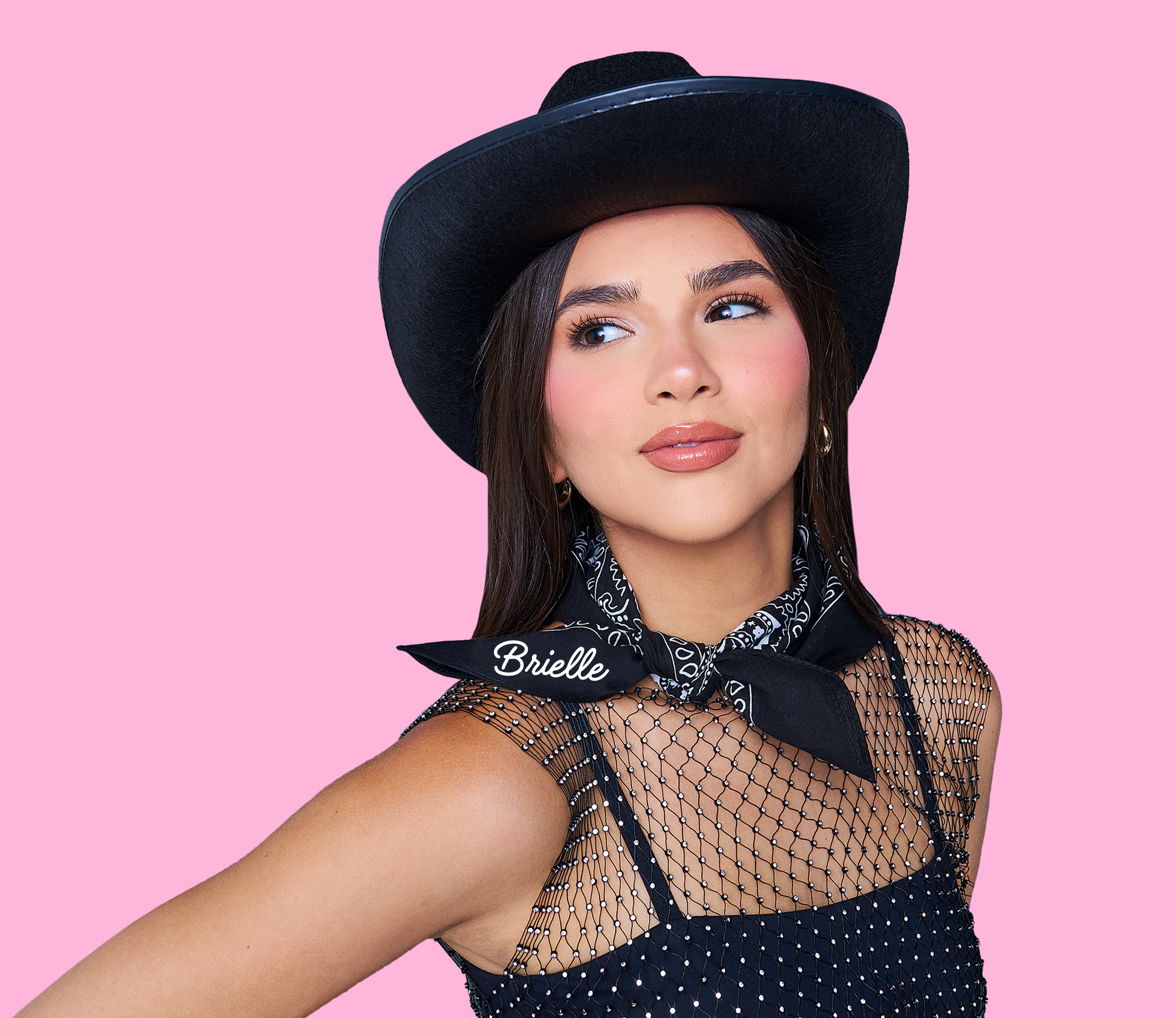 Personalized black bandana scarf with custom name. Cute outfit accessory or party favor for bachelorette parties, girls’ trips, and western-themed parties.