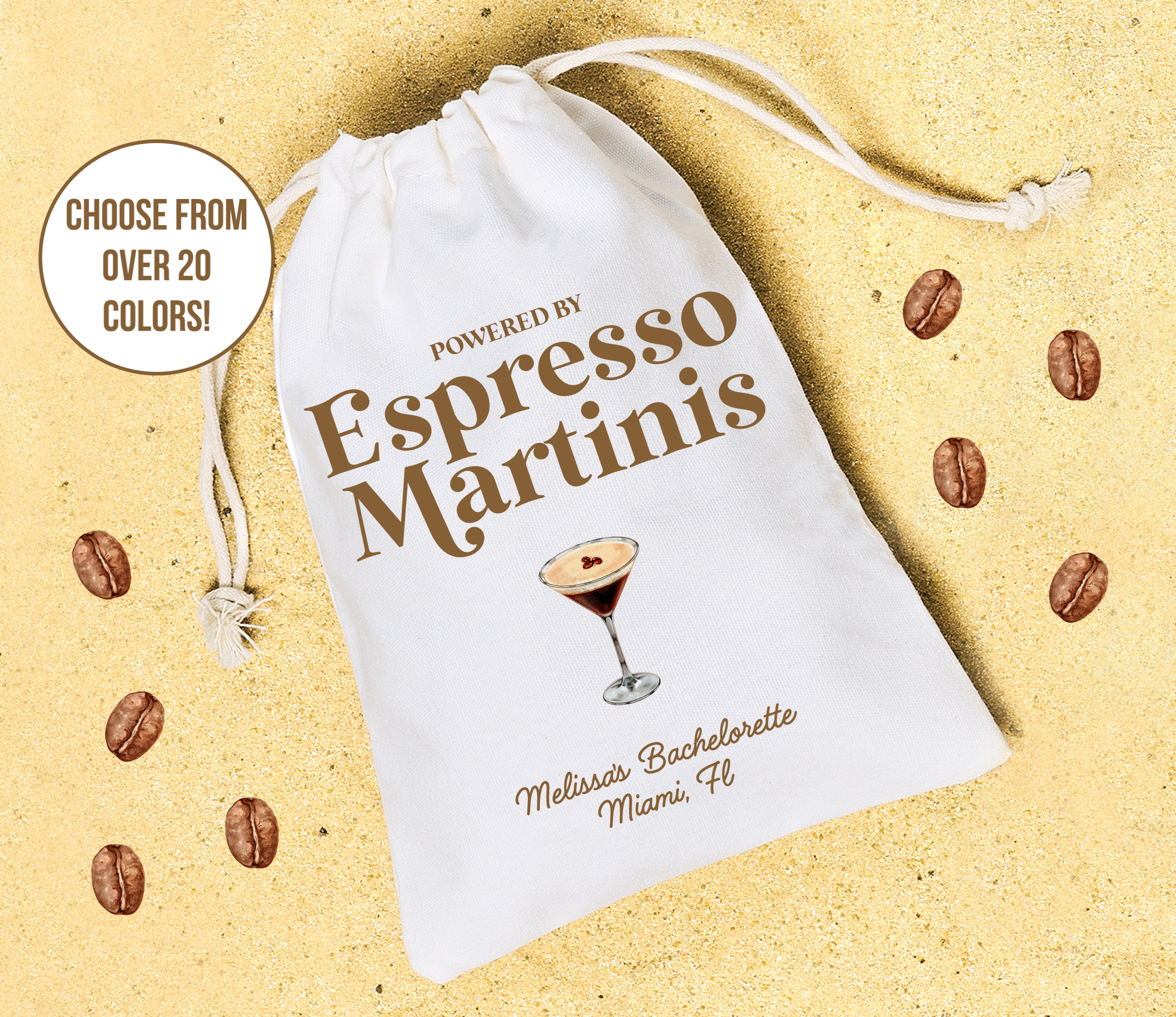 Personalized hangover kit that reads "powered by espresso martins" with bride name and bachelorette location!
