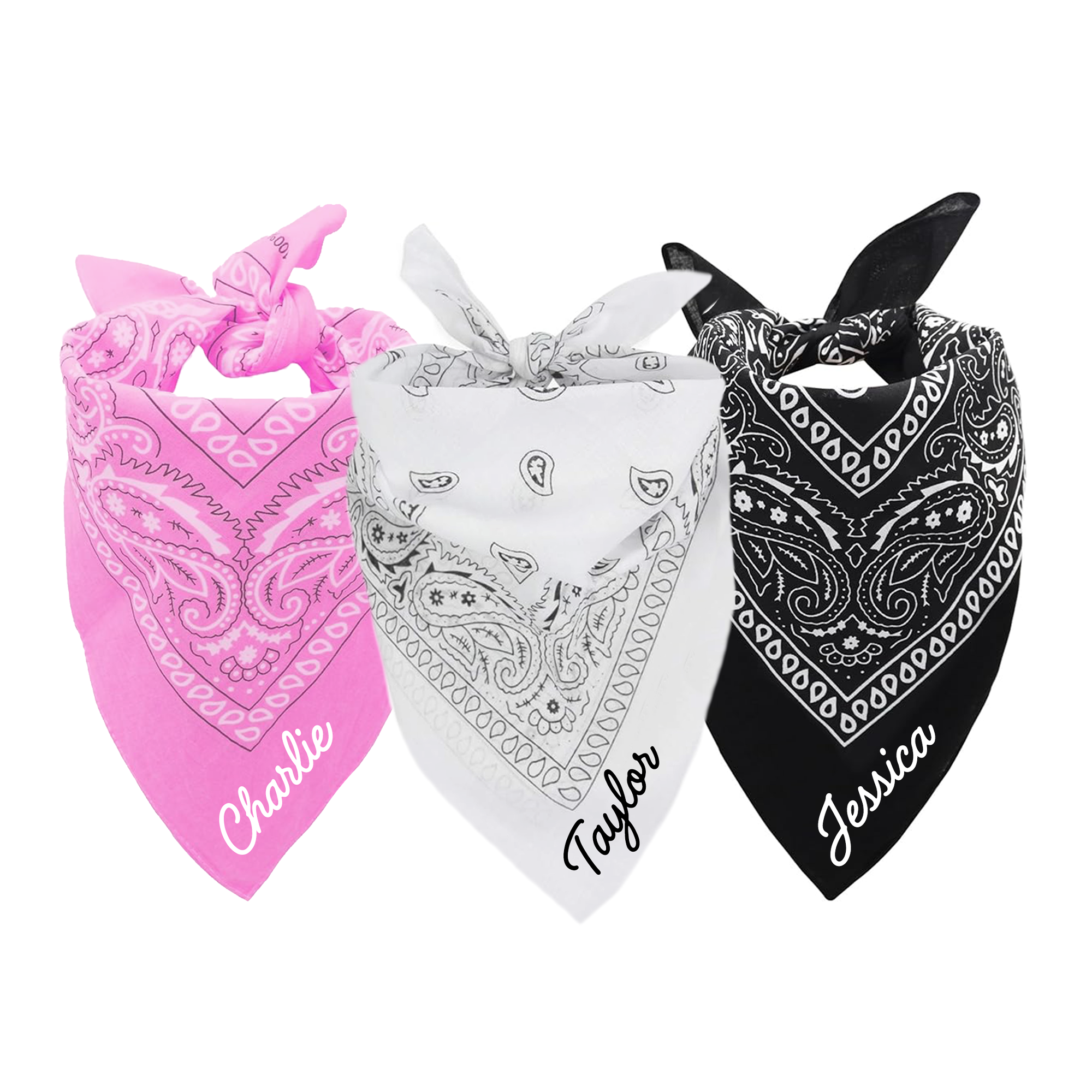 Personalized cowboy bandanas with a paisley pattern and your custom name. Bandanas in pink, white, and black for the perfect western-themed party outfit accessory.