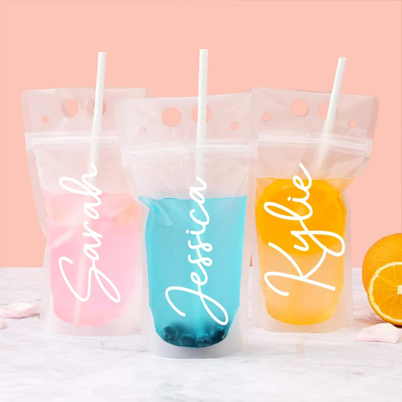 Personalized adult booze bags—custom drink pouches for birthday parties, poolside cocktails, and bachelorette favors. Reusable bridal name pouches make fun, stylish party drinks for girls’ trips and celebrations.