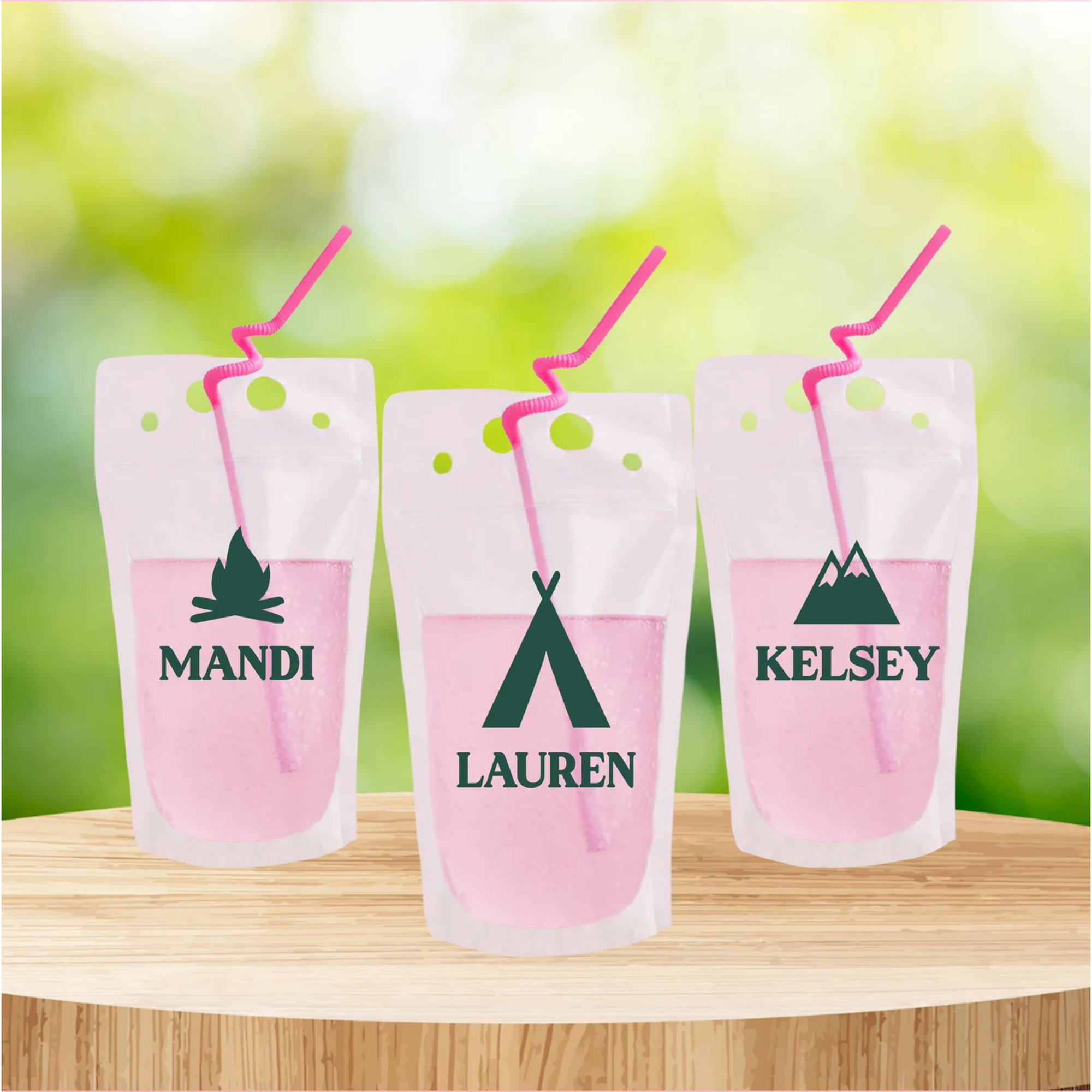 Personalized camping-themed drink pouches with bendy silly straws for kids’ birthday parties or bachelorette party favors.