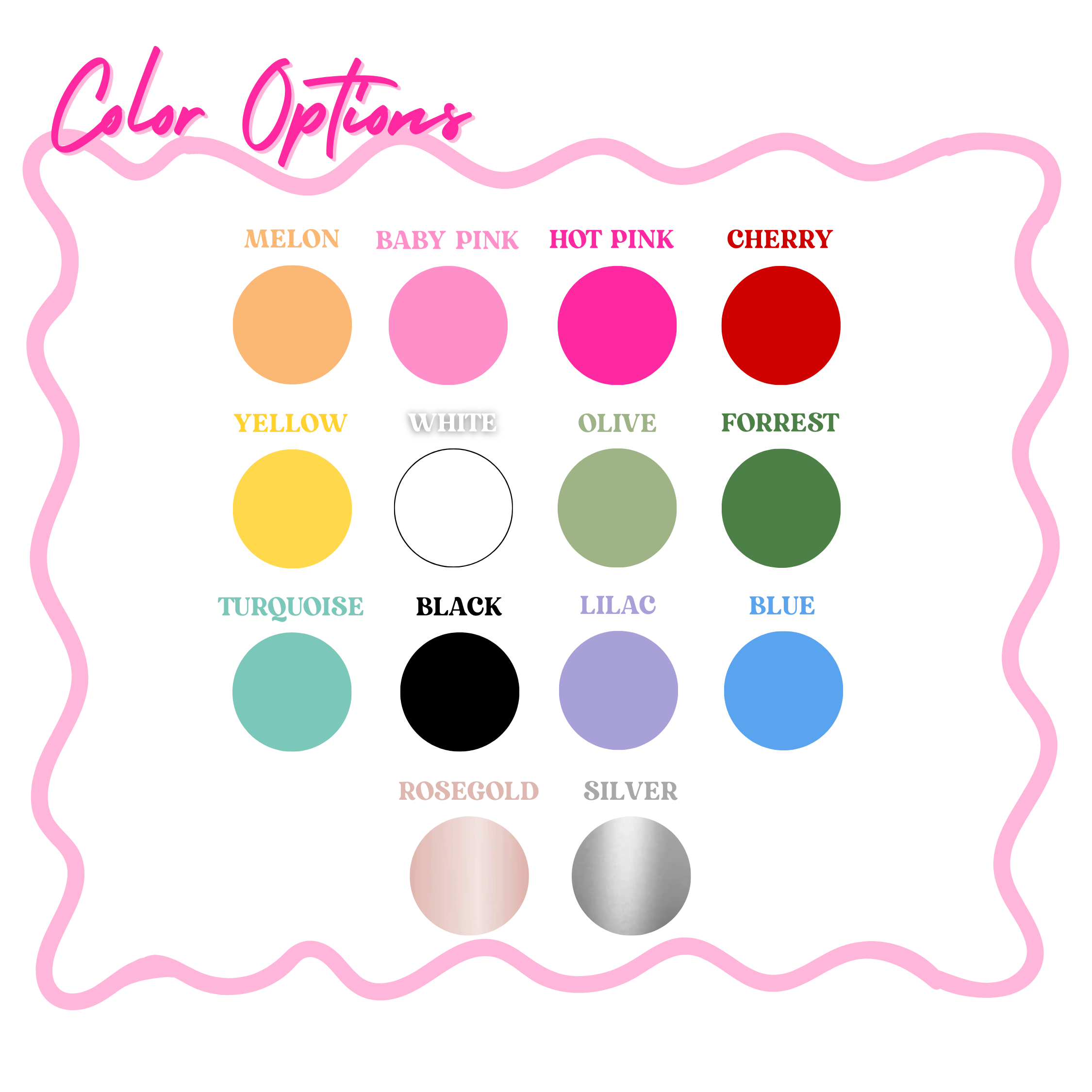 Color Chart for Personalized Name Disco Ball Drink Tumbler Cups with Straw. Stylish party supplies and drinkware for disco themed birthday celebrations and bachelorette parties.