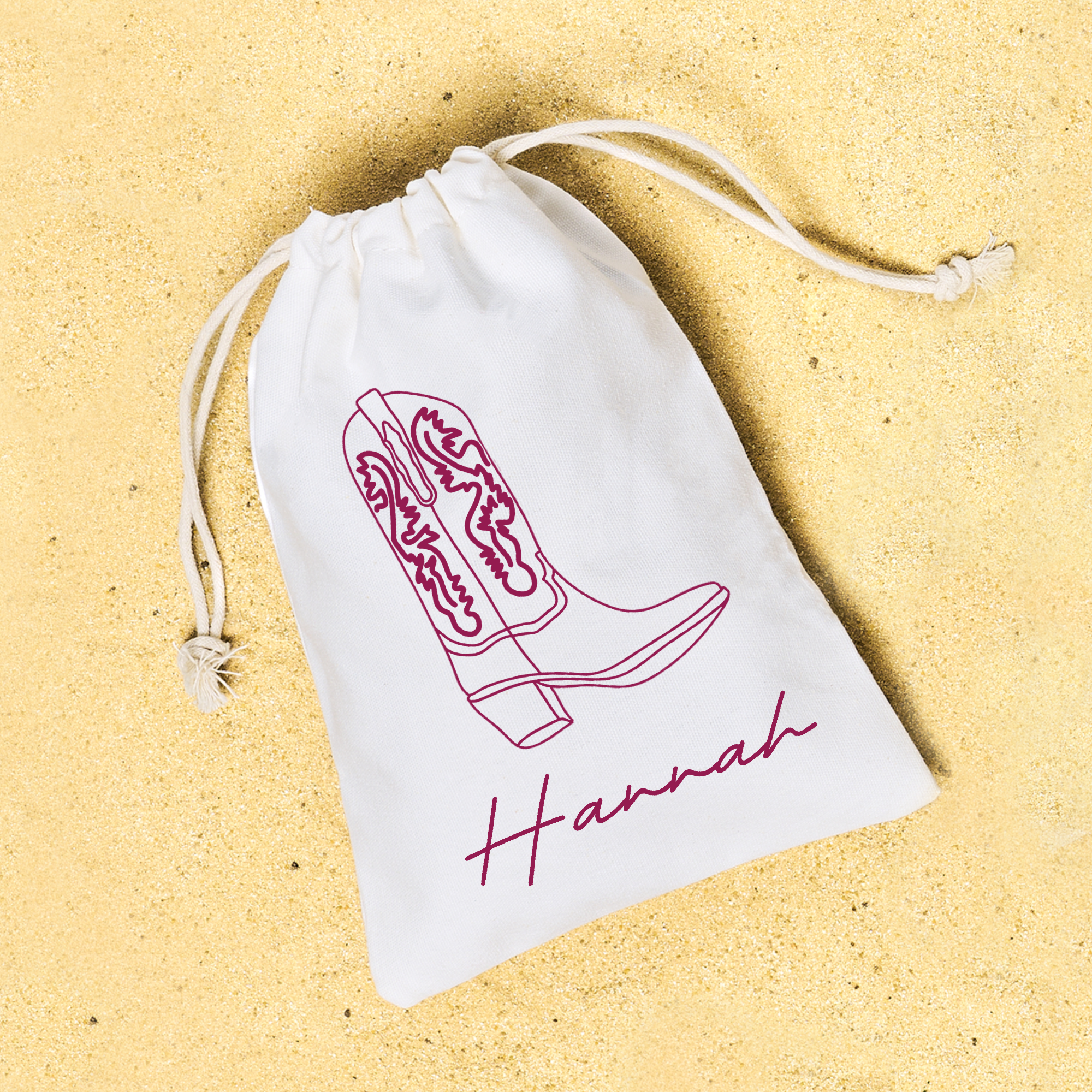 Personalized cowboy boot party favor bag—6x8 cotton canvas hangover kit customized with guest names, boot design color, and bachelorette party location for last rodeo or coastal cowgirl themed celebrations.