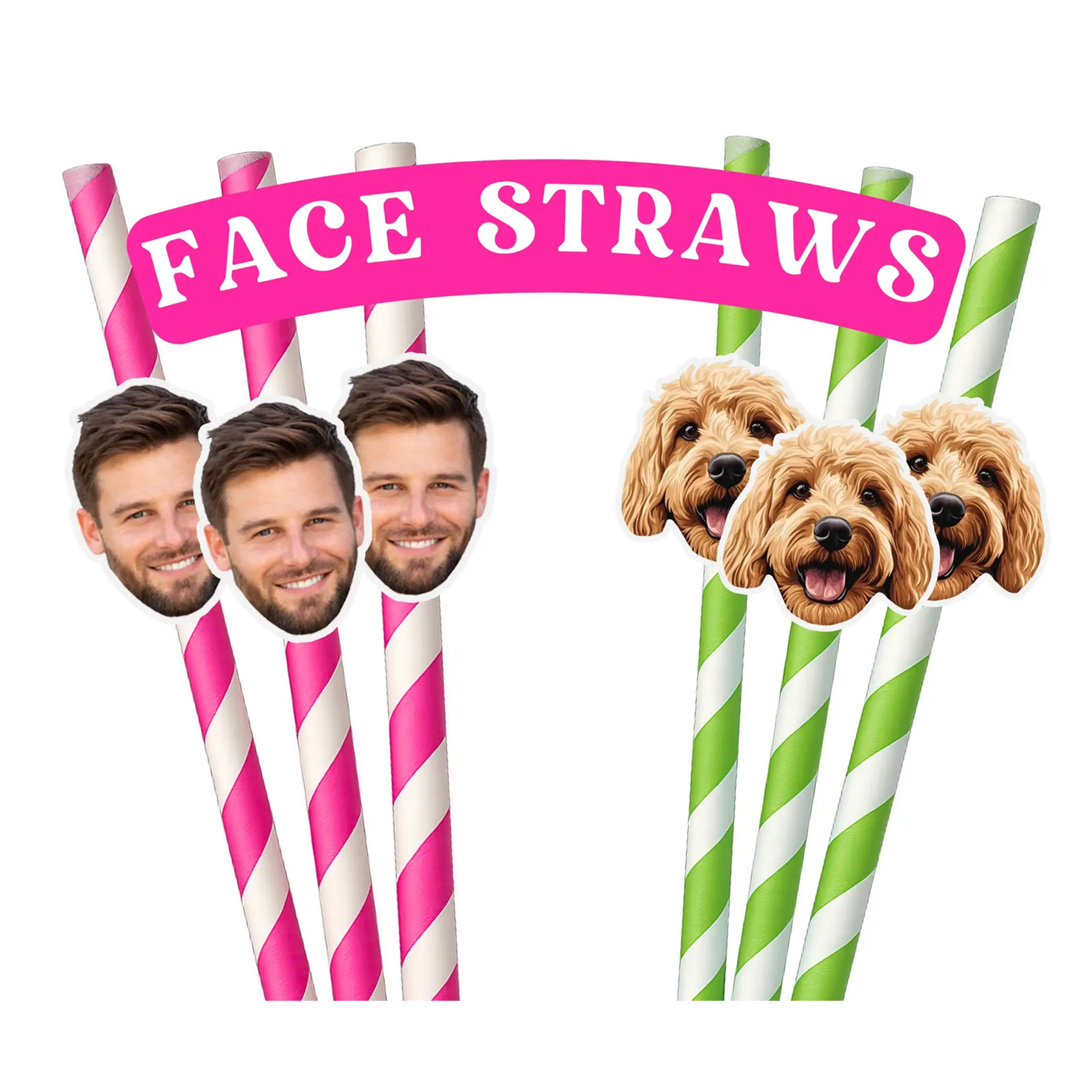 Fun custom face straws in pink and green stripes or solid plastic, personalized with bride, groom, pet, or guest photos—perfect party decor and drinkware for bachelorette and birthday celebrations.
