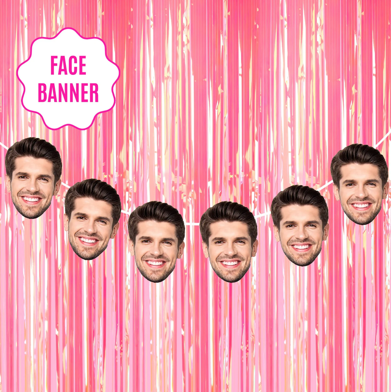 Bride and Groom Face Garland Banner – 6 custom photos strung on a banner, perfect for bachelorette parties, birthdays, kids’ parties, work events, and graduations.