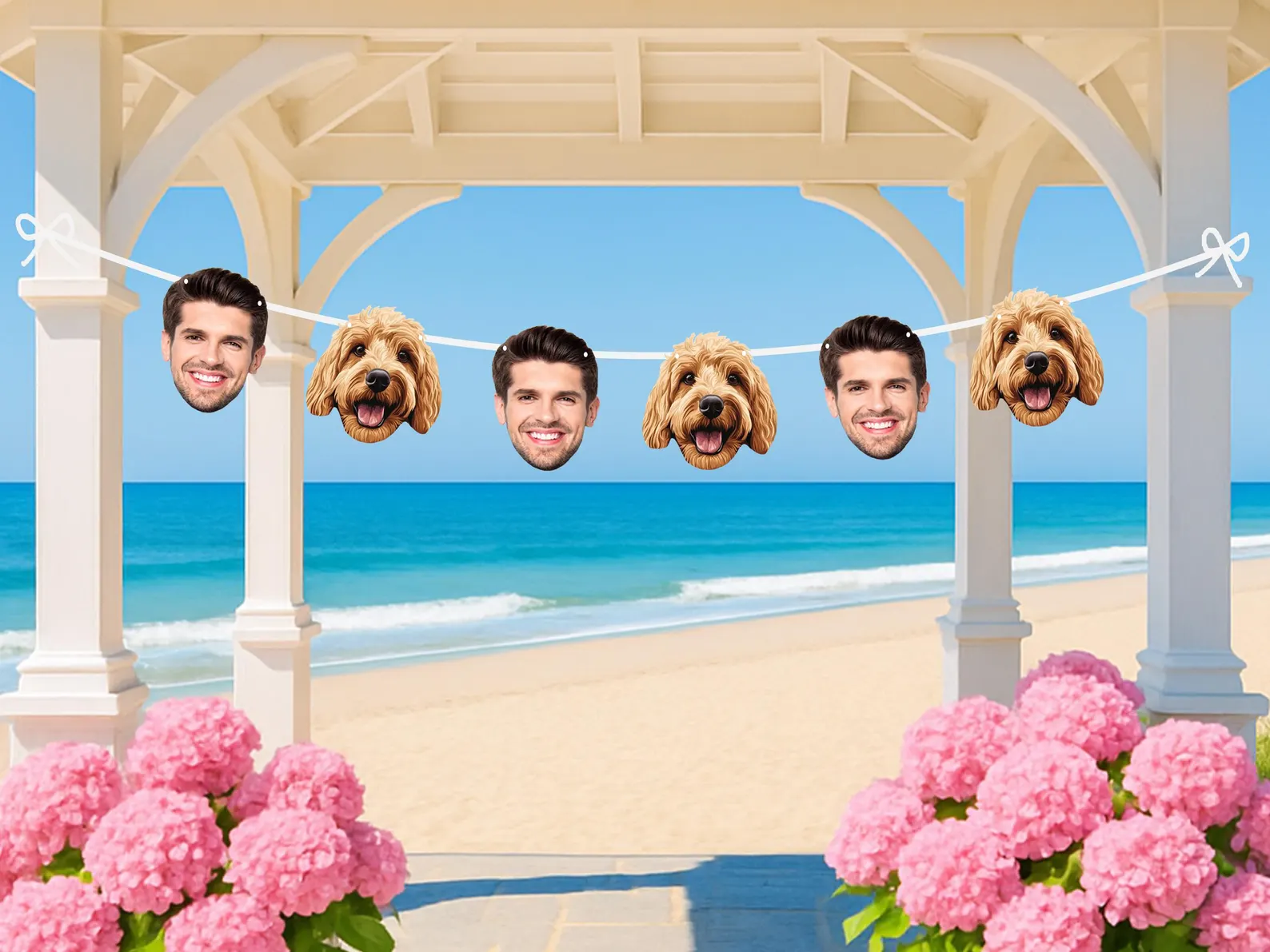 Custom face banner with pet, bride, or groom cutouts—funny personalized party decor for bachelorette parties, birthdays, and special celebrations.