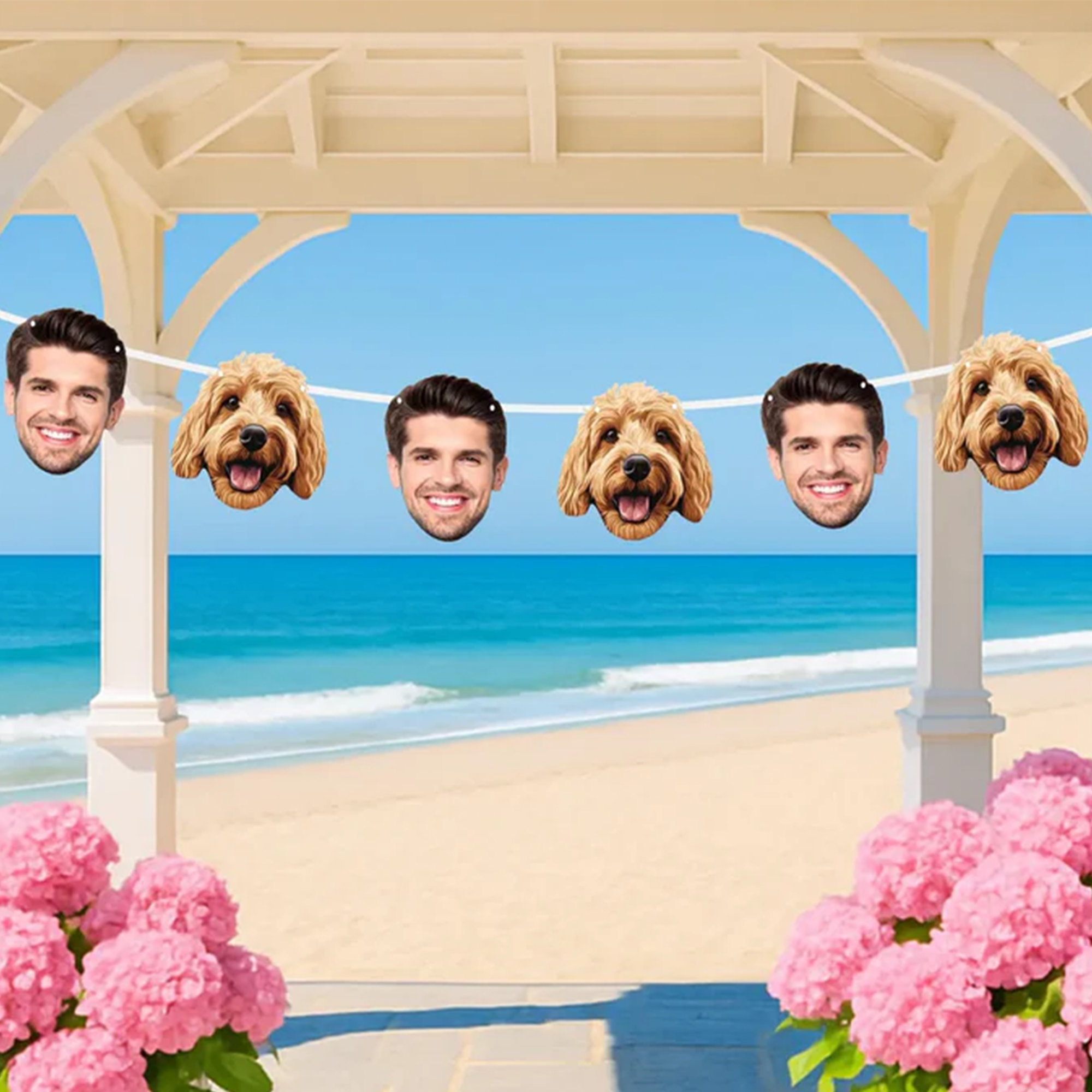 Custom face banner with pet, bride, or groom cutouts—funny personalized party decor for bachelorette parties, birthdays, and special celebrations.