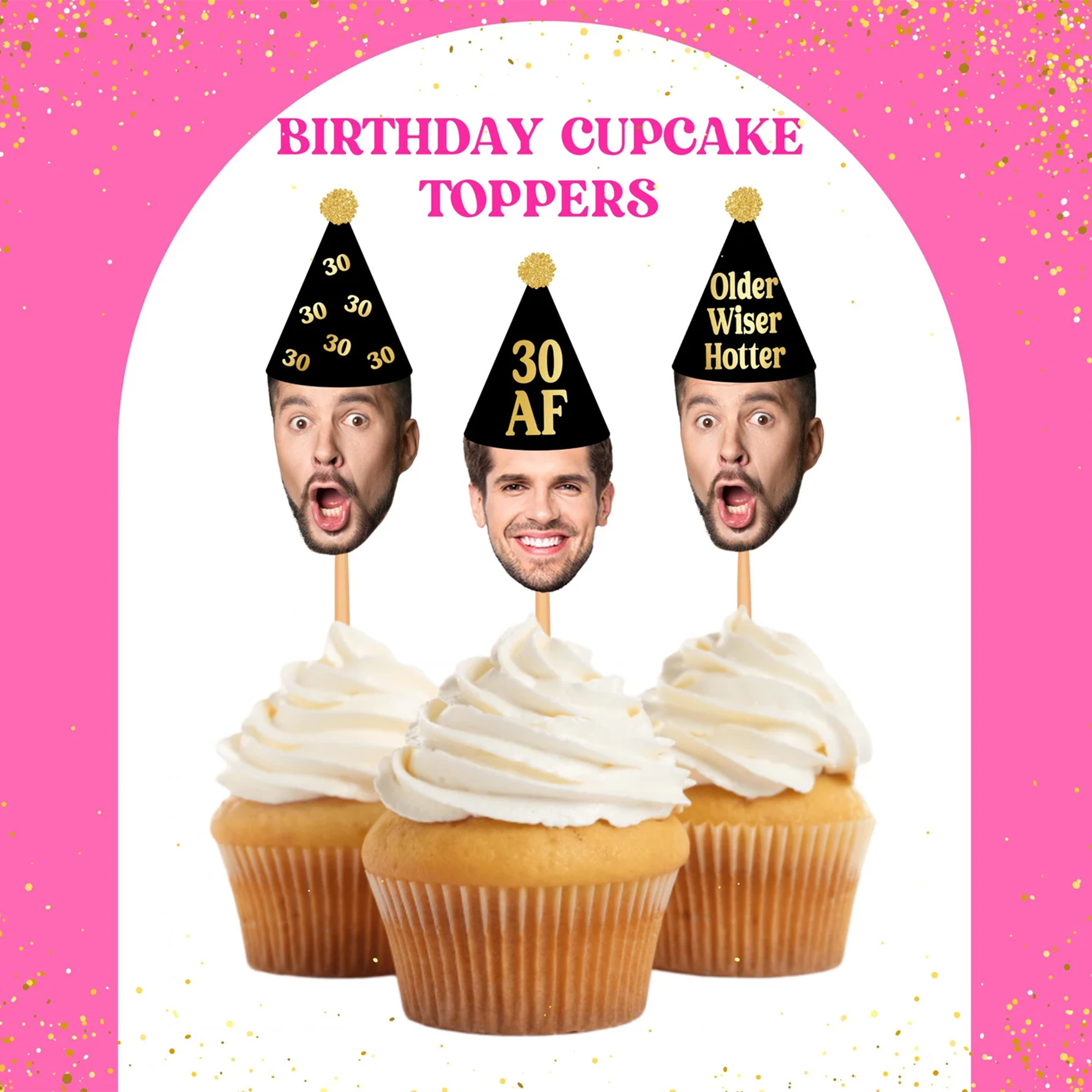 Custom face cupcake toppers with party hat design—fun personalized décor and dessert accessories for unforgettable birthday celebrations.