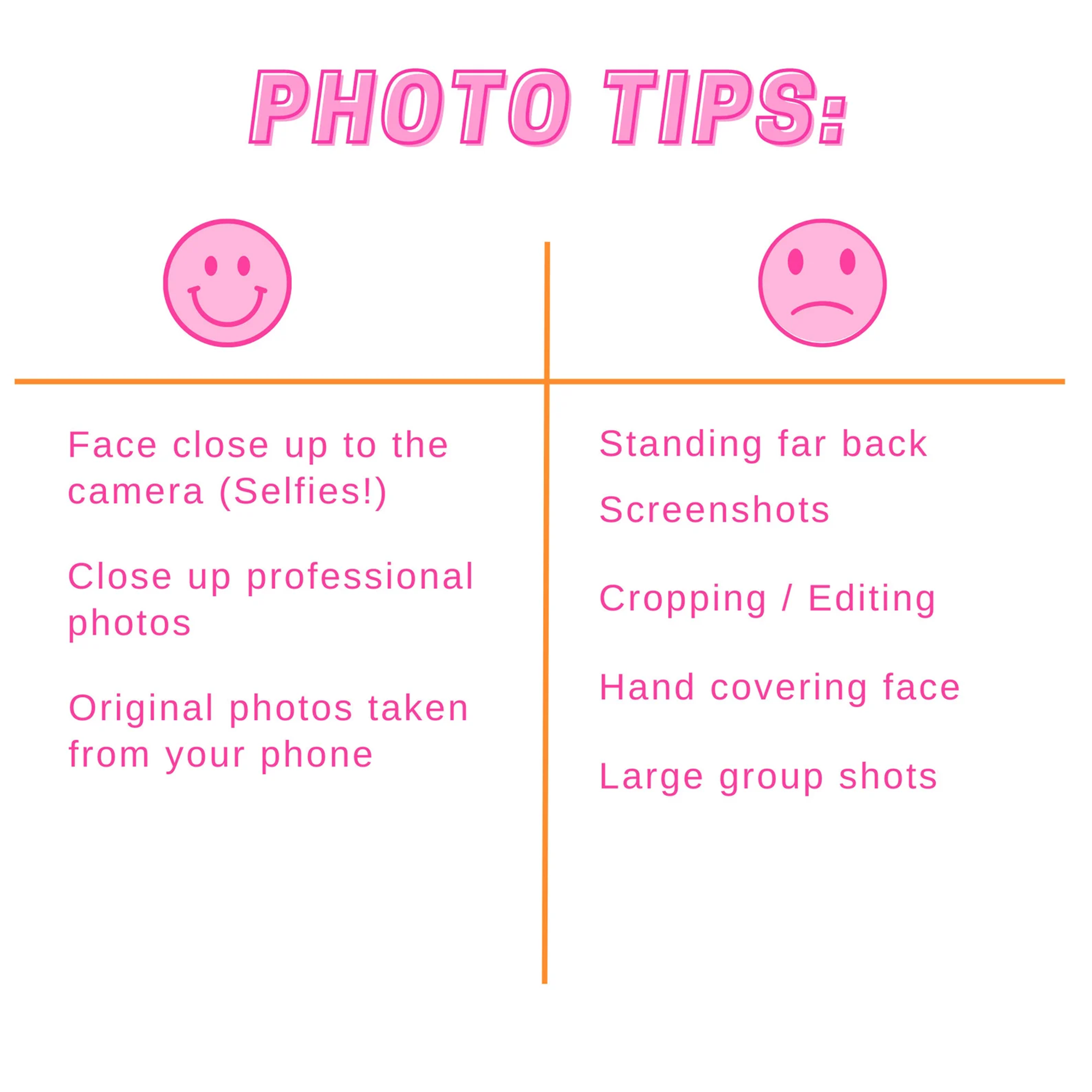 Diagram titled 'Photo Tips' with two columns labeled 'Good' and 'Bad', each with corresponding text on how to improve photo quality for personalized face/pet confetti to use as party decor or as a sticker.