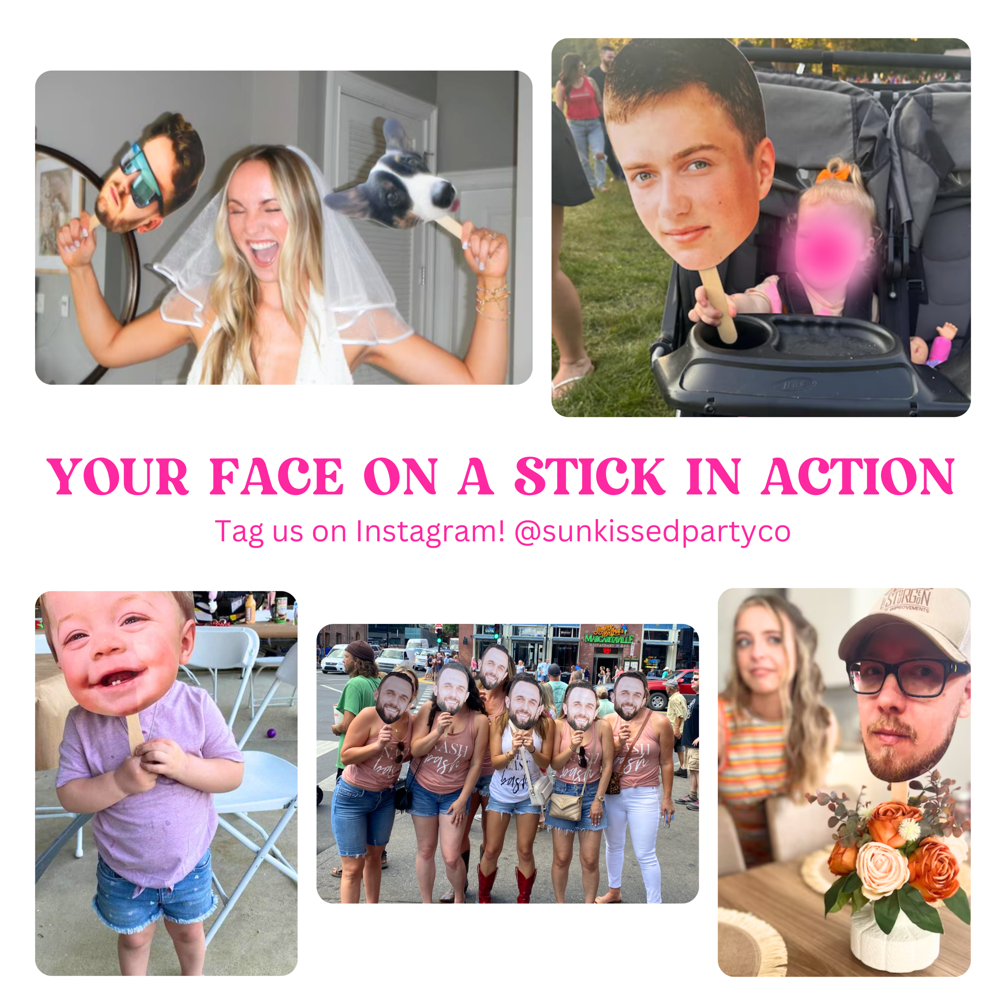 Sunkissed Party Co customers holding their highly rate Face on A Stick Fans at their bachelorette trips, sporting events, and children's birthdays!