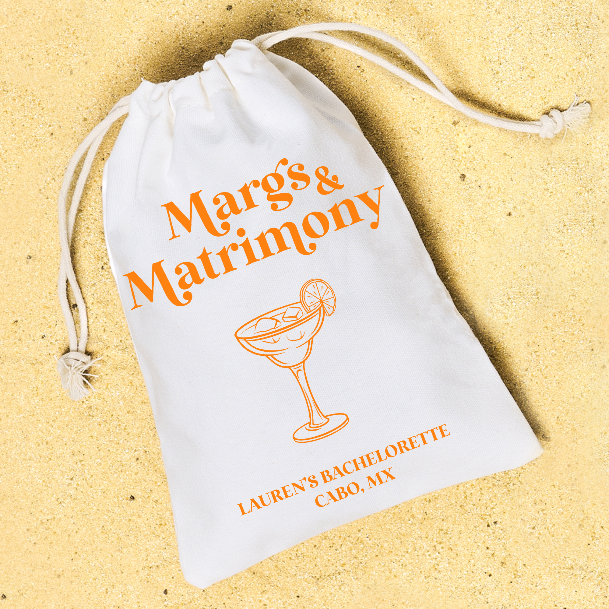 Personalized Margs & Matrimony bachelorette hangover kit—cotton canvas party favor bag for destination trips.