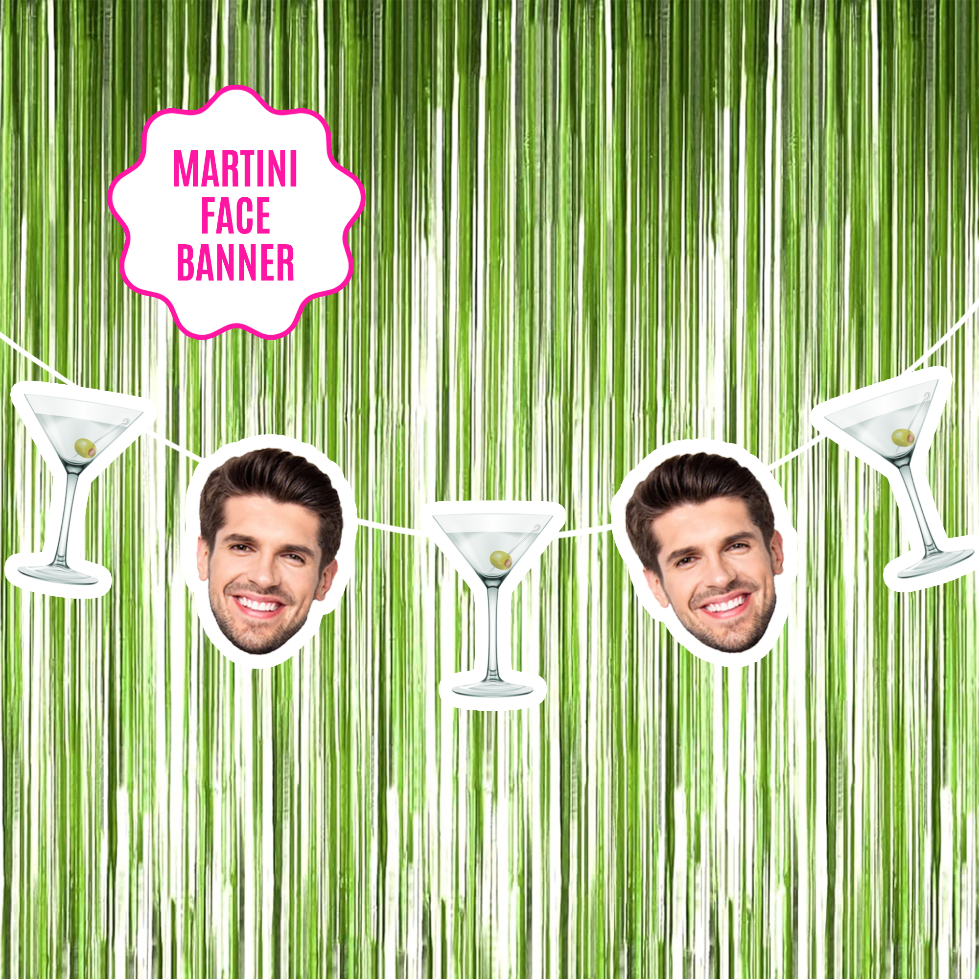 Customizable dirty martini party banner with personalized faces and martini glasses, ideal for Dirty 30 birthdays, bachelorette parties, and girls’ night decor.