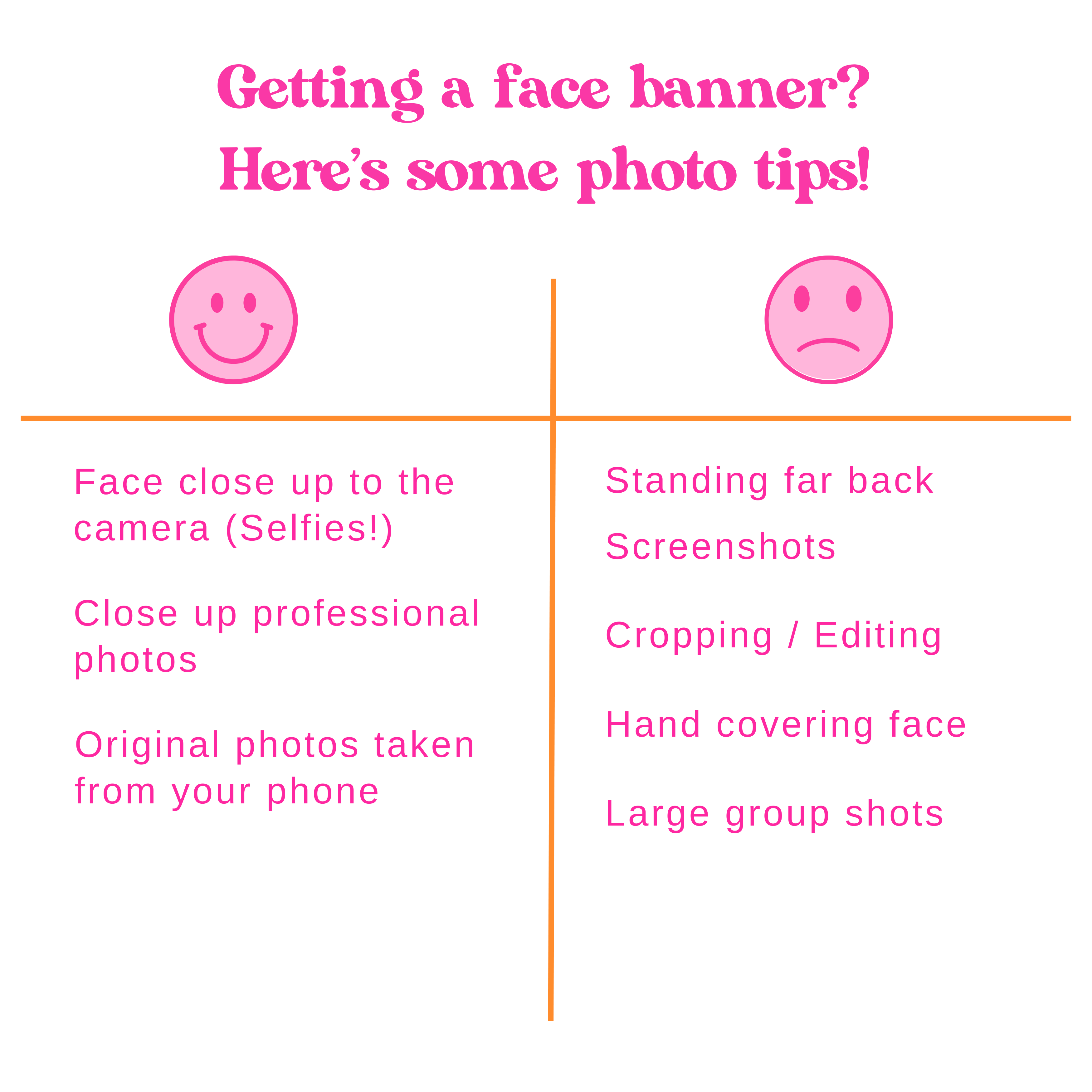 Photo quality suggestions chart for creating custom face and dirty martini party banners, categorized under party supplies for birthdays, bachelorettes, and themed celebrations.