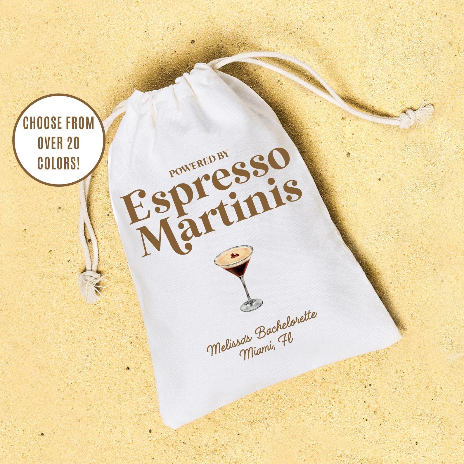 Personalized hangover kit that reads "powered by espresso martins" with bride name and bachelorette location!
