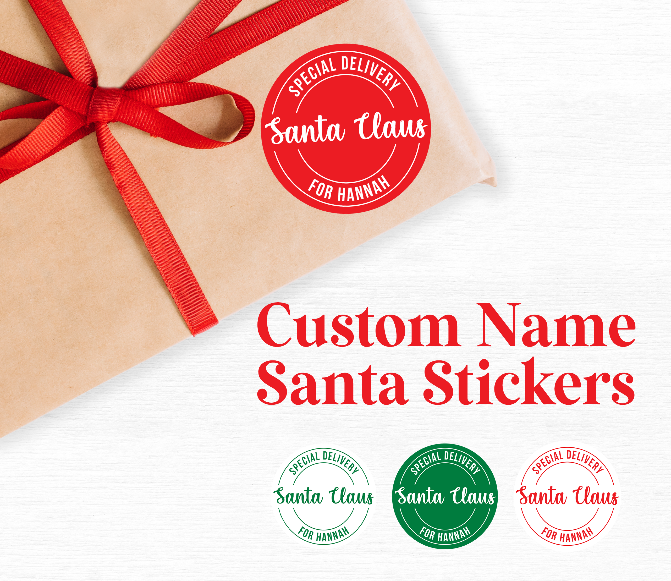 Personalized 'Special Delivery from Santa' Gift Tags – Custom Name Christmas Stickers for Kids available in four color styles. 