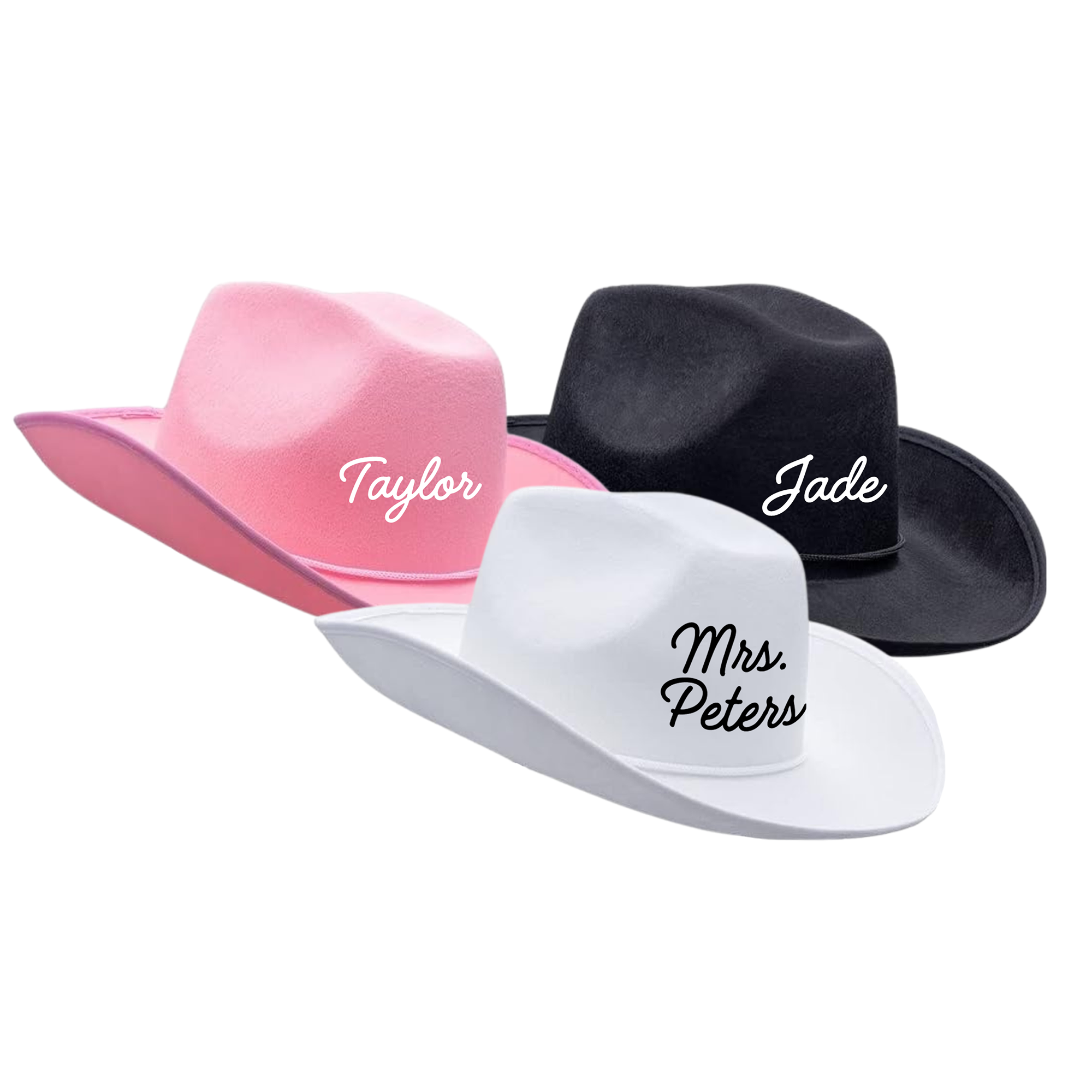 Cowboy hats in pink, black, and white with personalized names for a bachelorette, birthday or western-themed party.