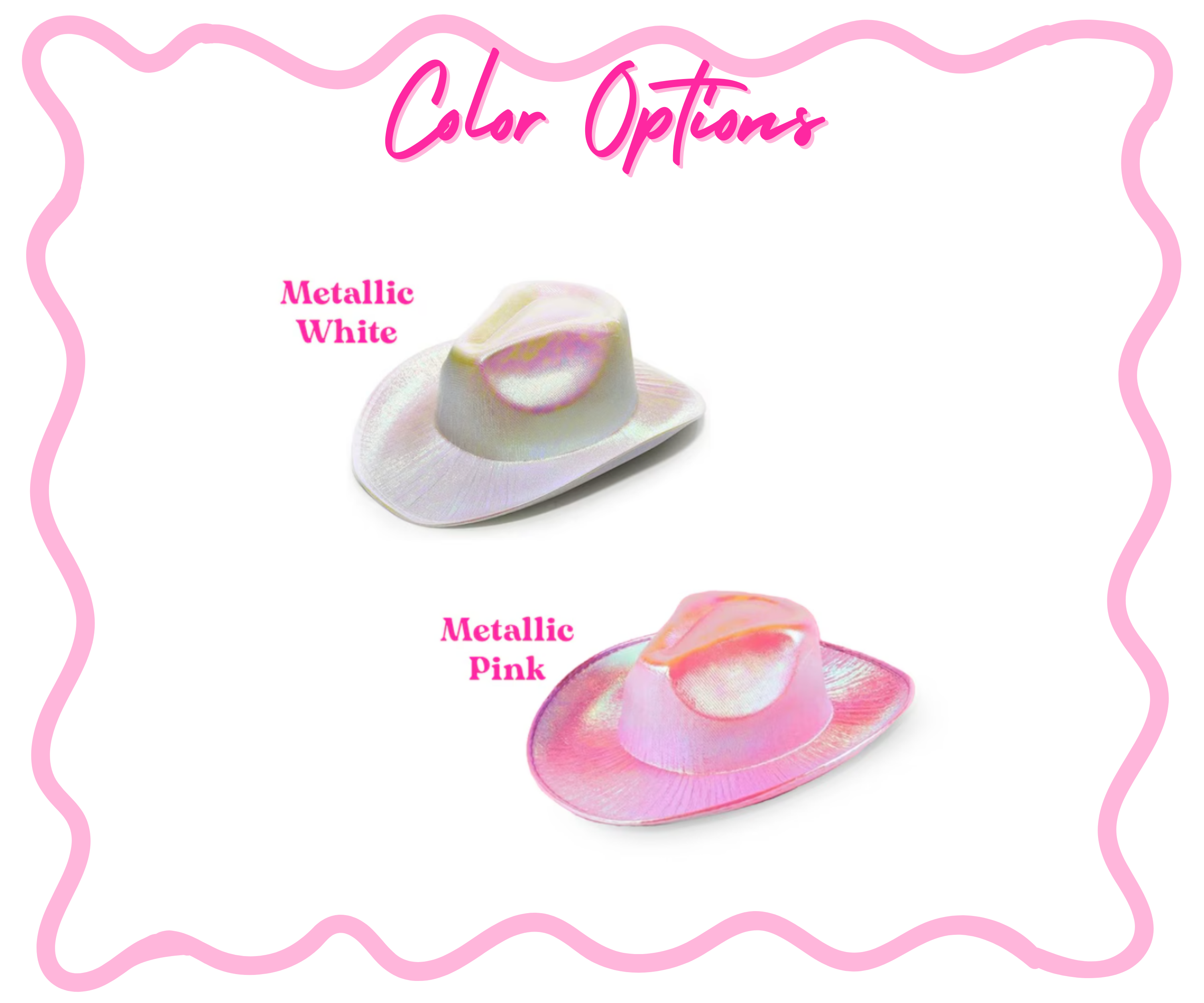 Sparkly iridescent metallic cowgirl hats in white or pink—bachelorette, birthday, and festival-ready for fun photo moments!