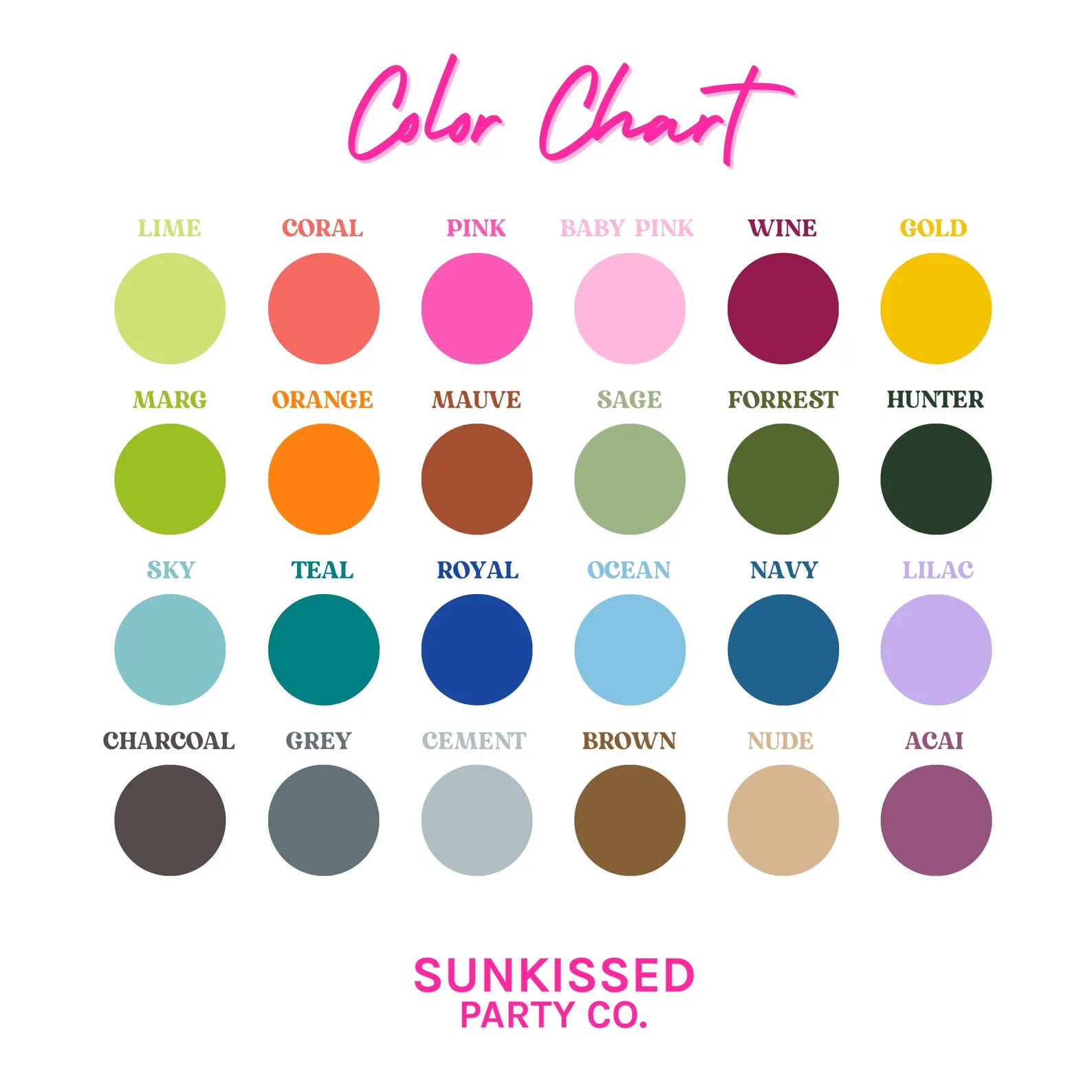 Color Chart for Personalized Hangover Kits and Party Favor bags for Bachelorettes, Birthdays or Work Trips!