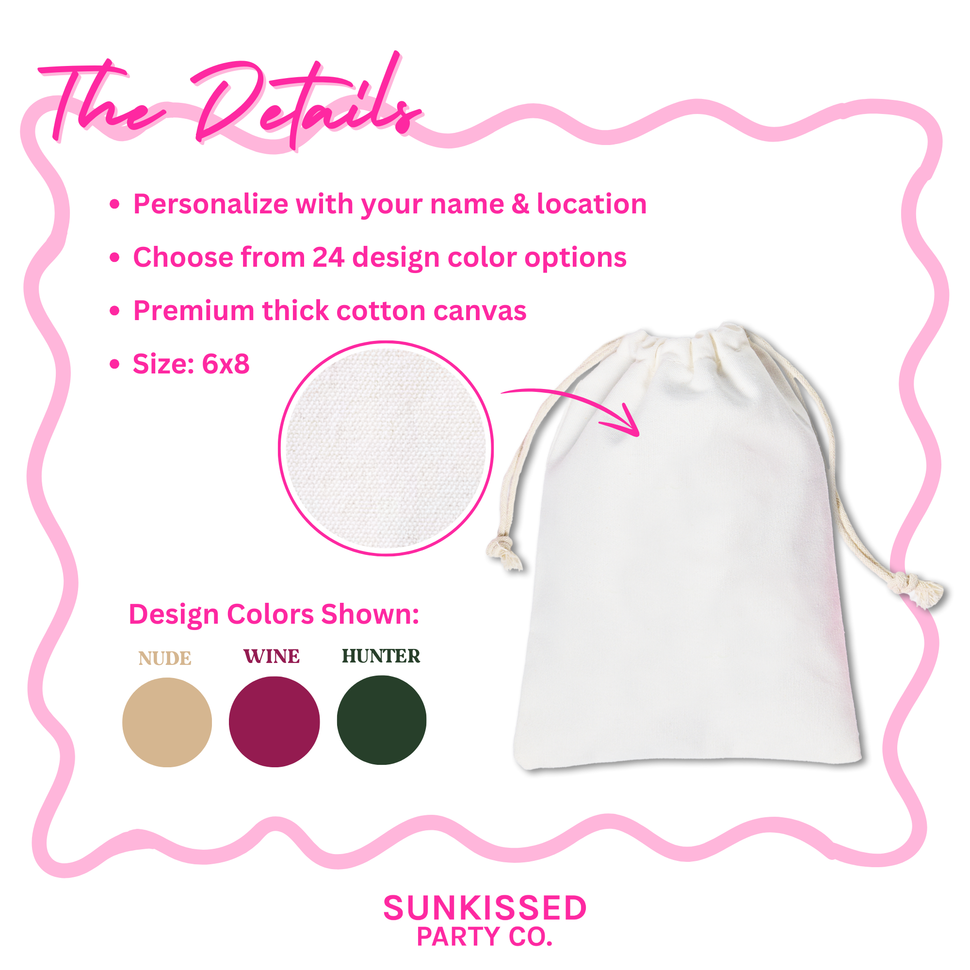 Premium Bachelorette Party favor bags. Multiple color options for personalized hangover kits. 6x8 Cloth Bag.