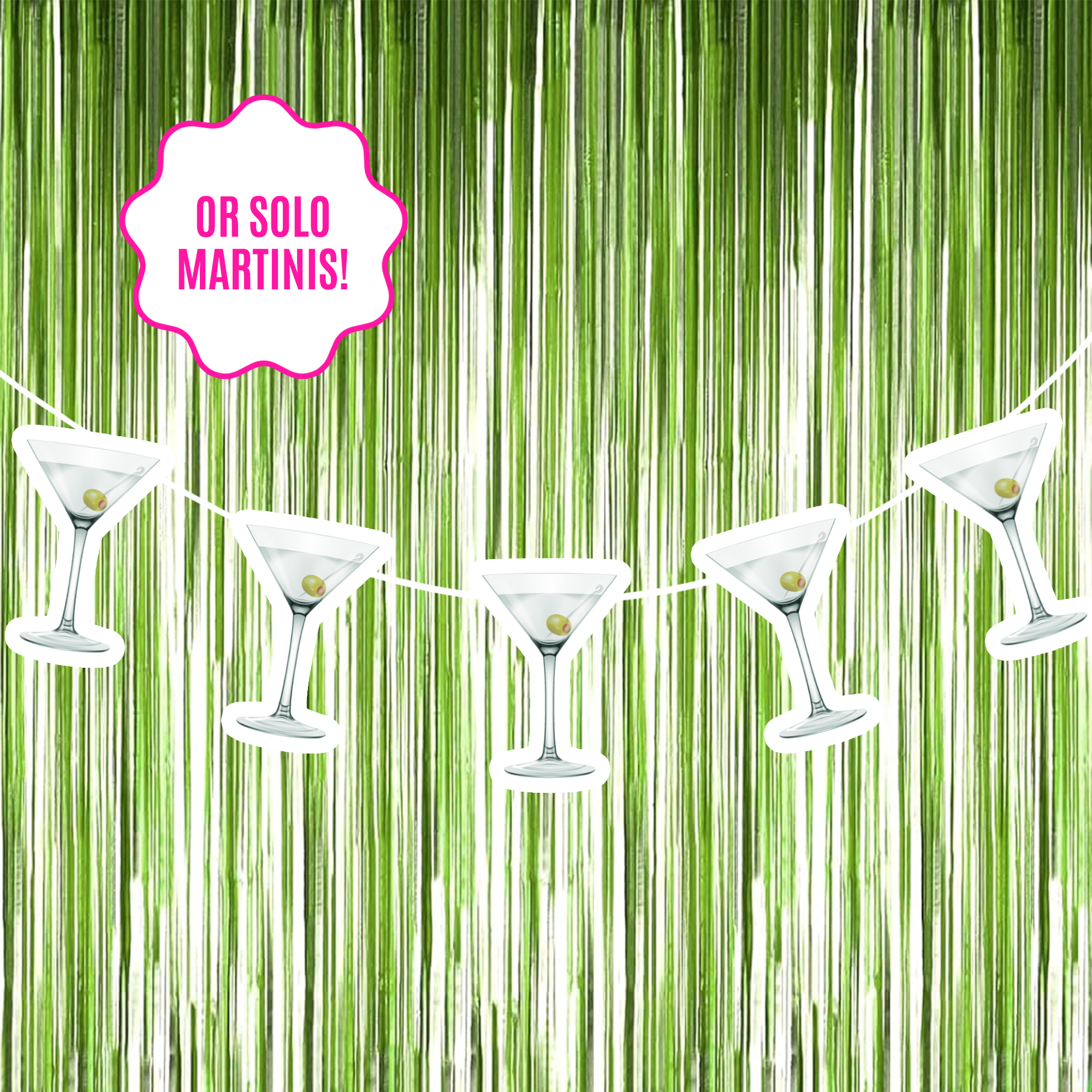 Customizable dirty martini party banner featuring 6 martini coupes, perfect for Dirty 30 or Tini Bit Older birthday celebrations and girls’ night party decor.