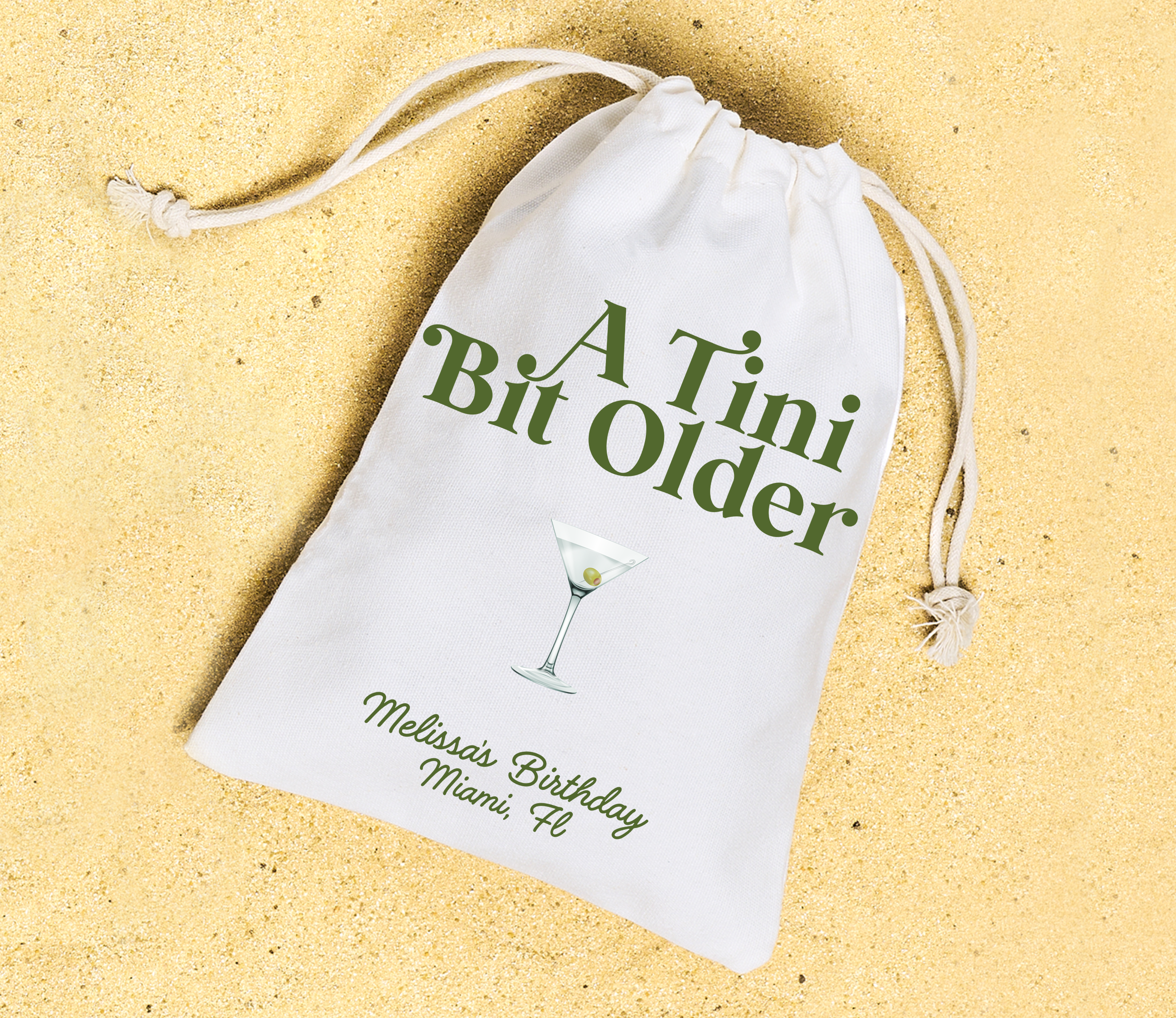 Cotton Canvas Hangover Kit with 'Tini Bit Older' Dirty Martini design—customizable with name and party location, perfect adult party favors for birthdays.