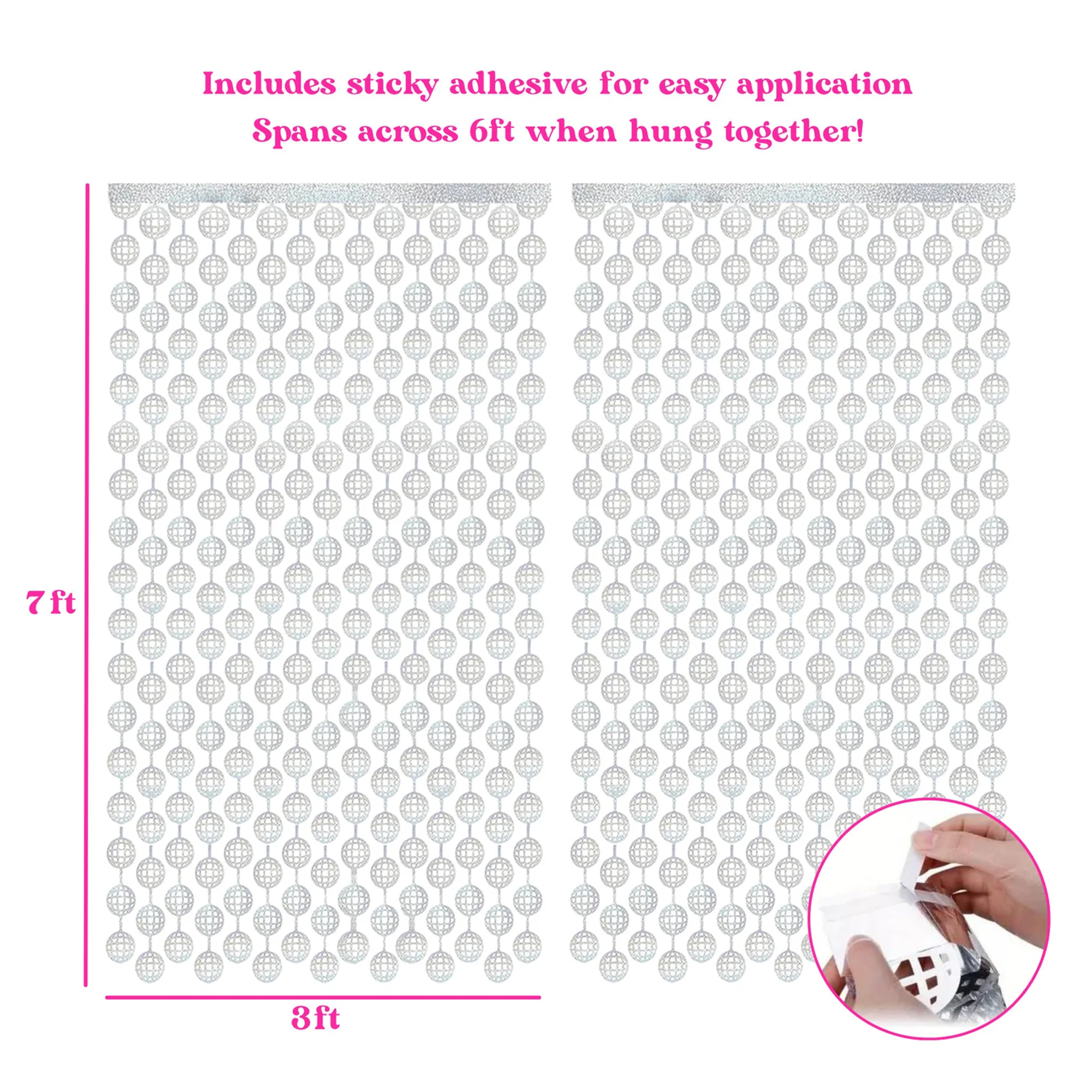 Foil Discoball wall decor with adhesive for easy application, spans 7ftx6ft in total.