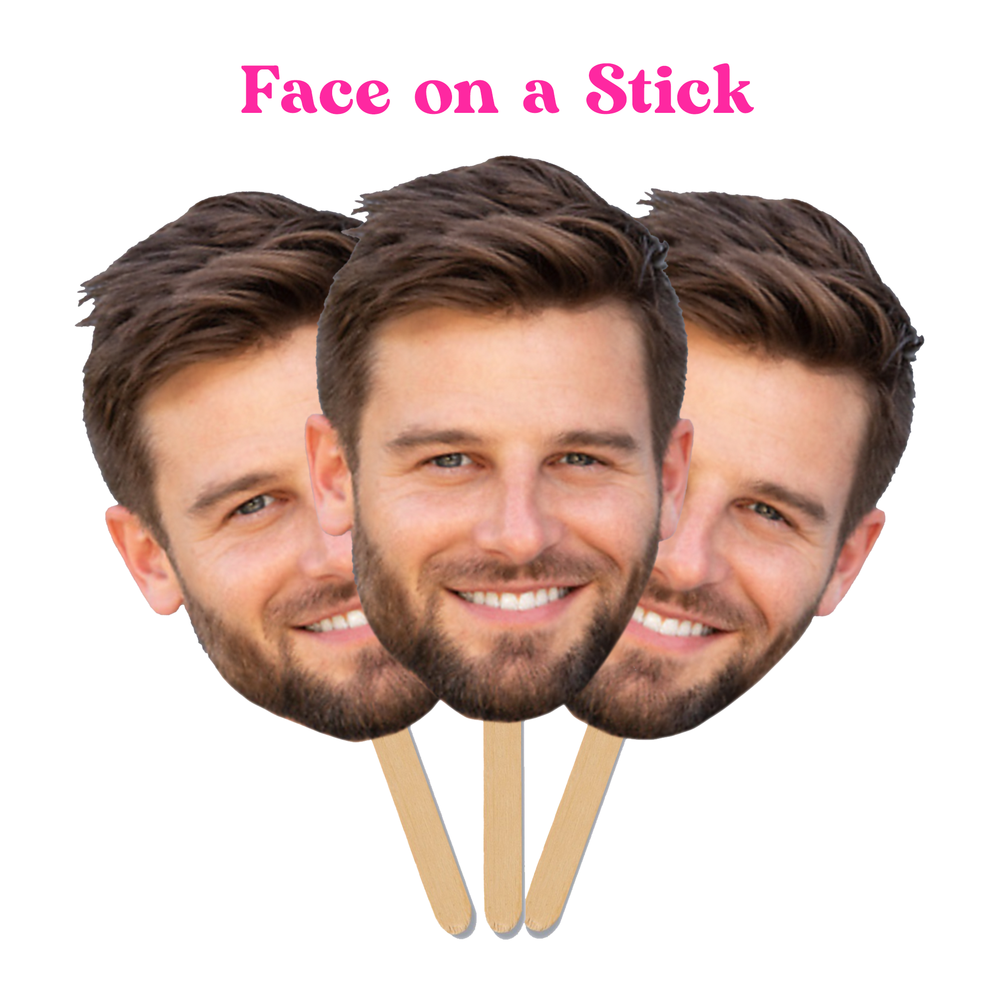 Custom face on a stick big head cutout fan—funny fat head party favor for bachelorette parties, graduations, birthdays, sports games, and family celebrations. Bride gag gift decor with fast shipping from Sunkissed.