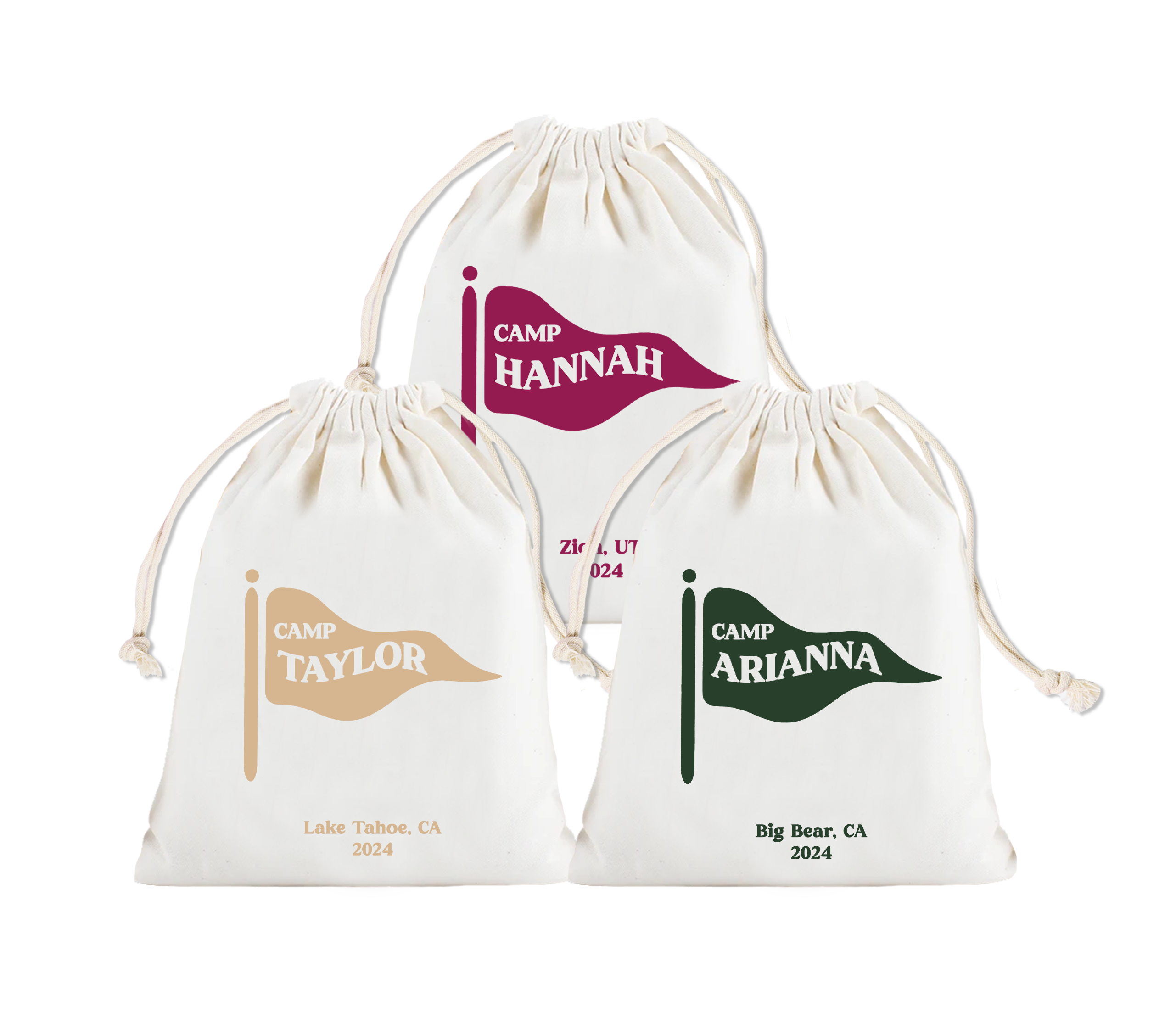 Camp bachelorette party hangover kit bags – personalized canvas drawstring recovery bags for bridesmaids, cabin crew   before-I-do party favors!