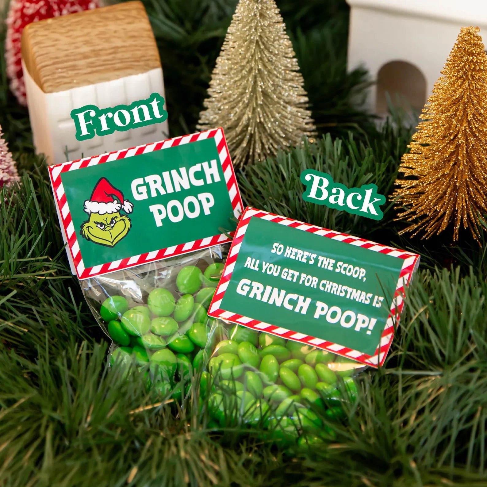 Bag of green "Grinch Poop" Christmas candy with festive label – funny stocking stuffer for students classroom christmas party and White Elephant gag gifts.