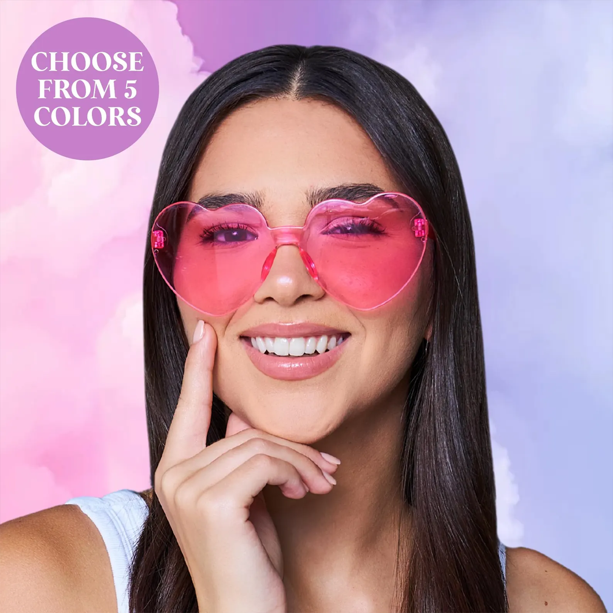 Woman wearing pink heart-shaped sunglasses – perfect party favors for bachelorette parties, birthdays, and festival fun.