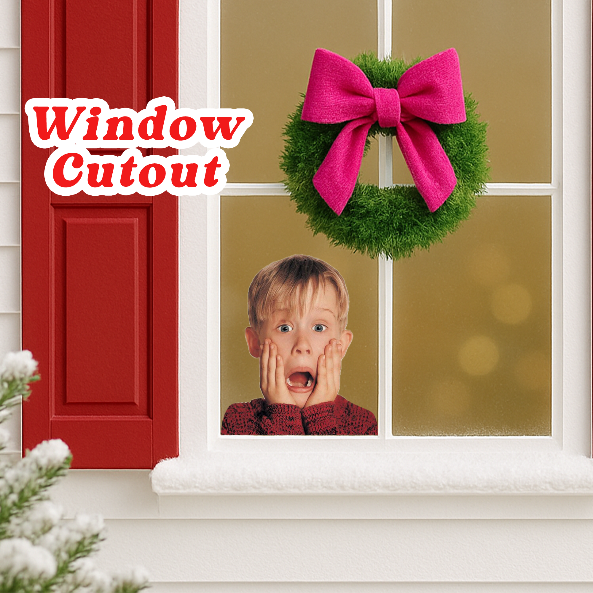 Funny Kevin McCallister window face cutout featuring Macaulay Culkin’s iconic Home Alone scream — big head Christmas wall decor for holiday parties and festive home decorations.