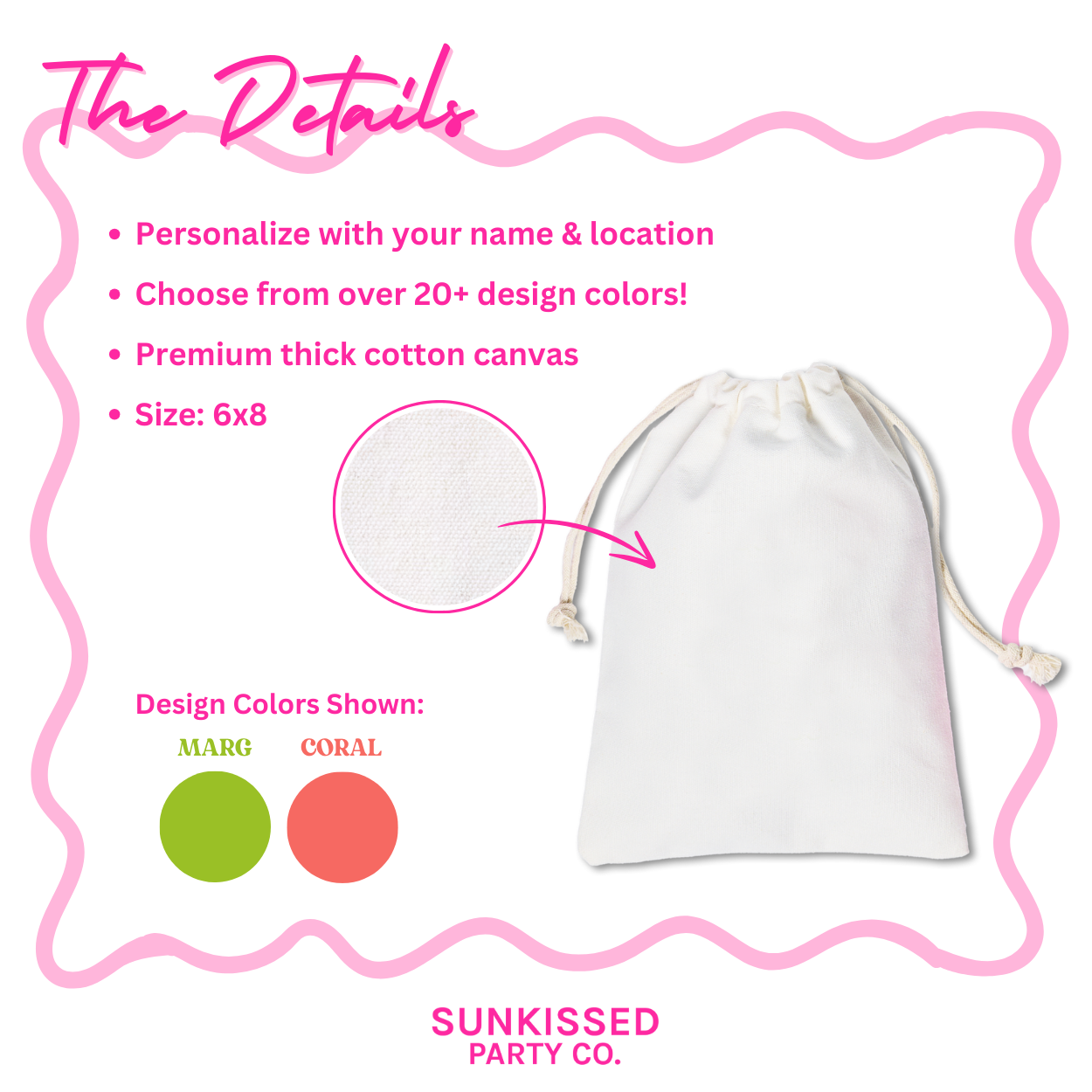 6x8, Cotton Canvas Hangover Kit used as a bridesmaid party favor on bachelorette trips with the theme margs & matrimony. Personalized with design color, the bride's name, and your party location!