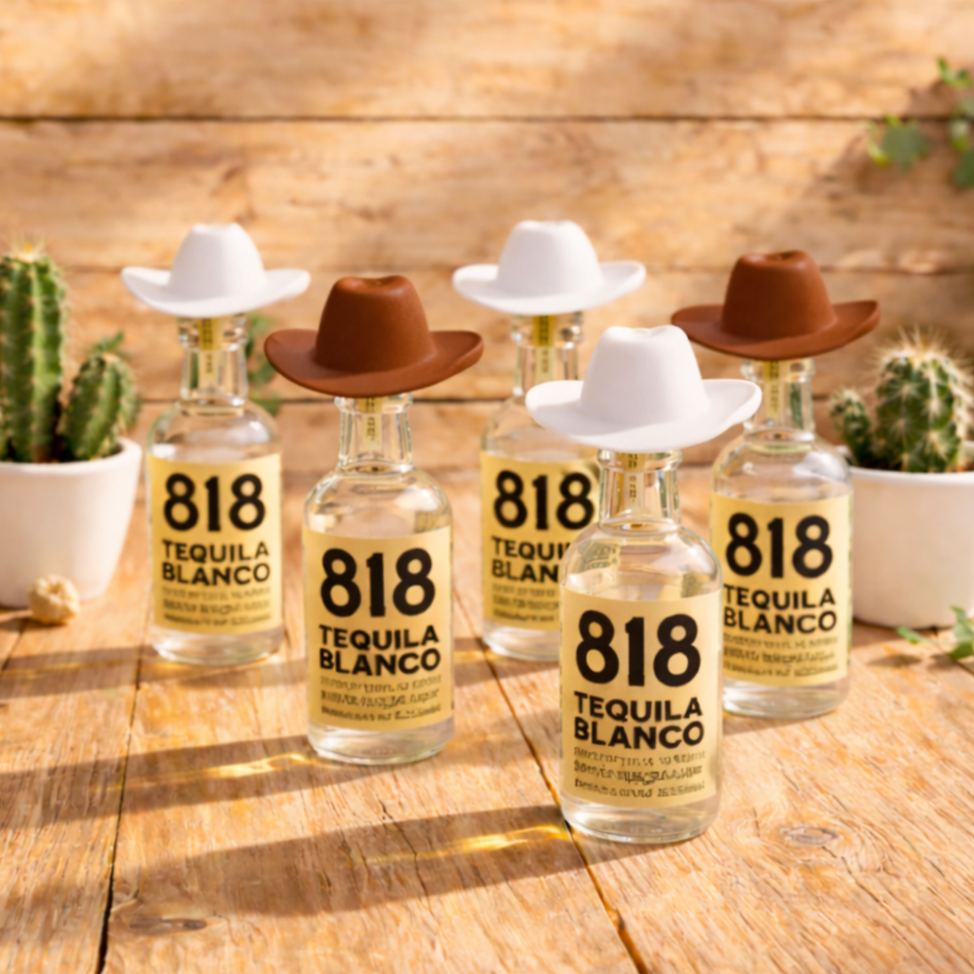 Line up of 5 mini shot bottles of 818 Tequila Blanco with plastic mini cowboy hat accessories for birthday or bachelorette parties.
