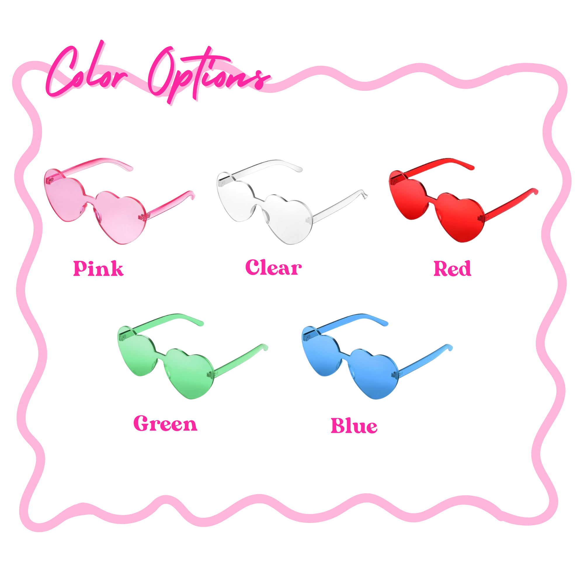 Heart-shaped retro frameless sunglasses in five colors – novelty party and costume accessories for bachelorette parties, birthdays, and celebrations. 