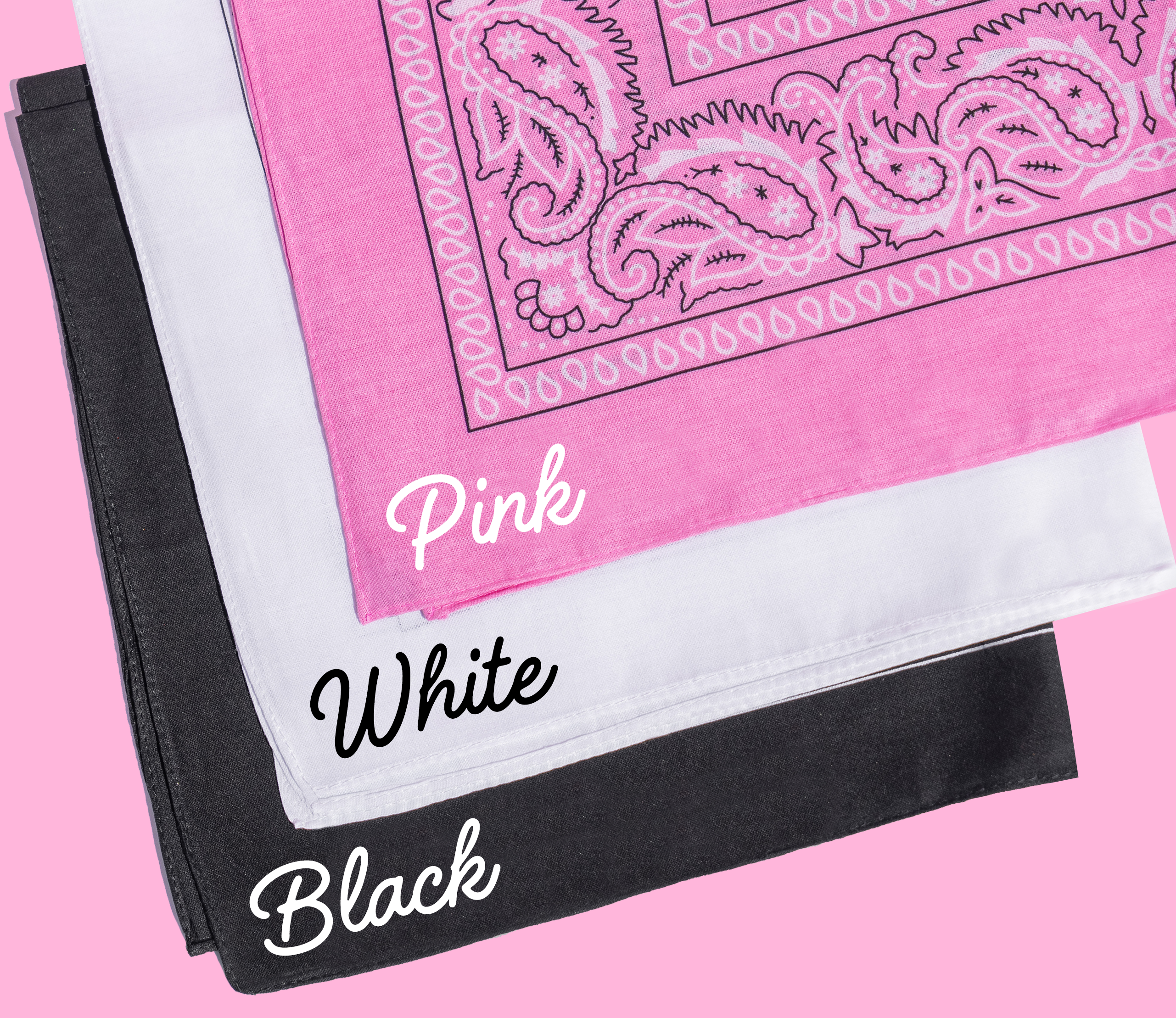 Three personalized bandanas in black, white, and pink—stylish party accessories with customizable text, perfect for bachelorette parties, girls’ trips, and kids celebrations.