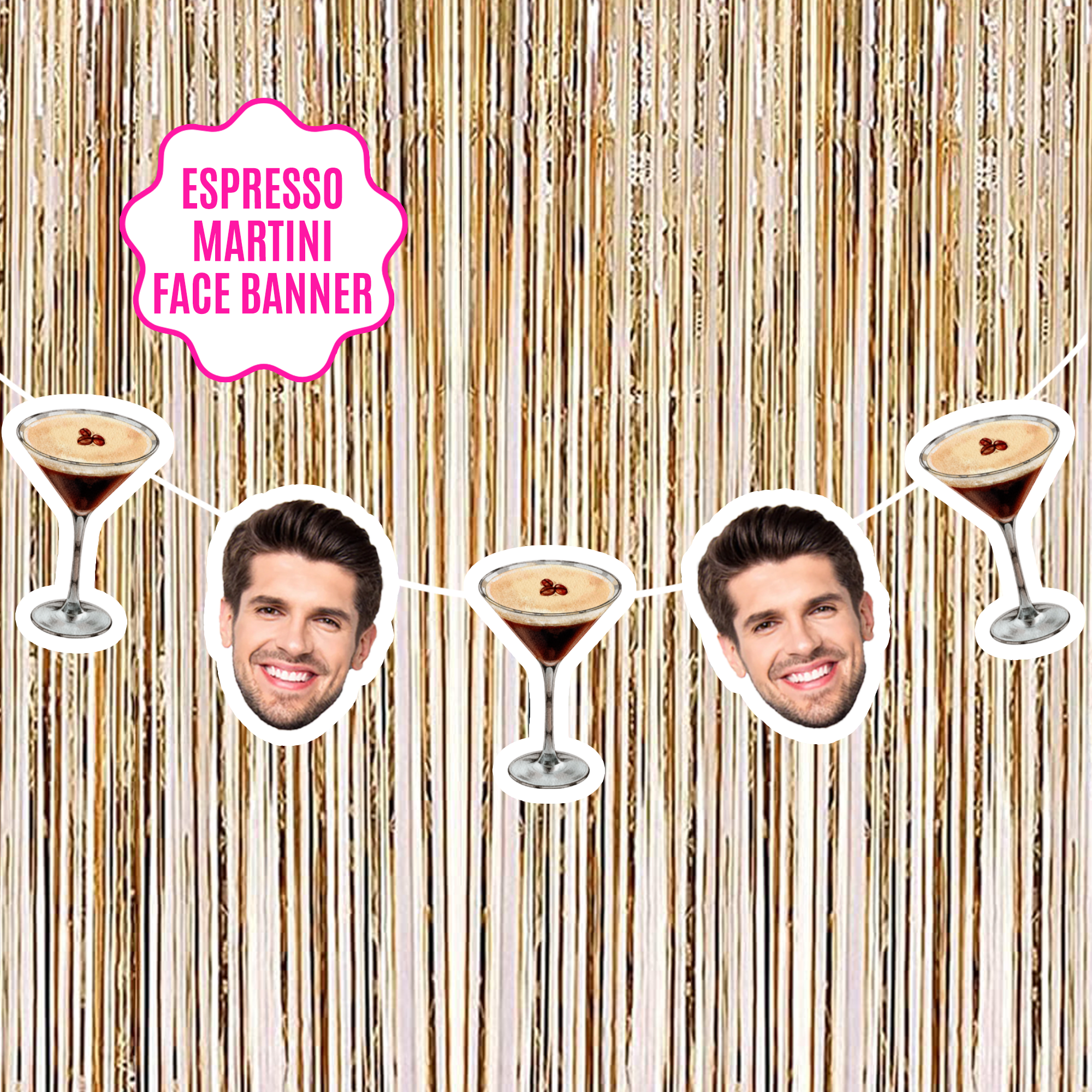 Customizable Espresso Martini party banner with personalized faces and 3 martini glasses, ideal for Tini Bit Older themed birthdays, bachelorette parties, and girls’ night decor