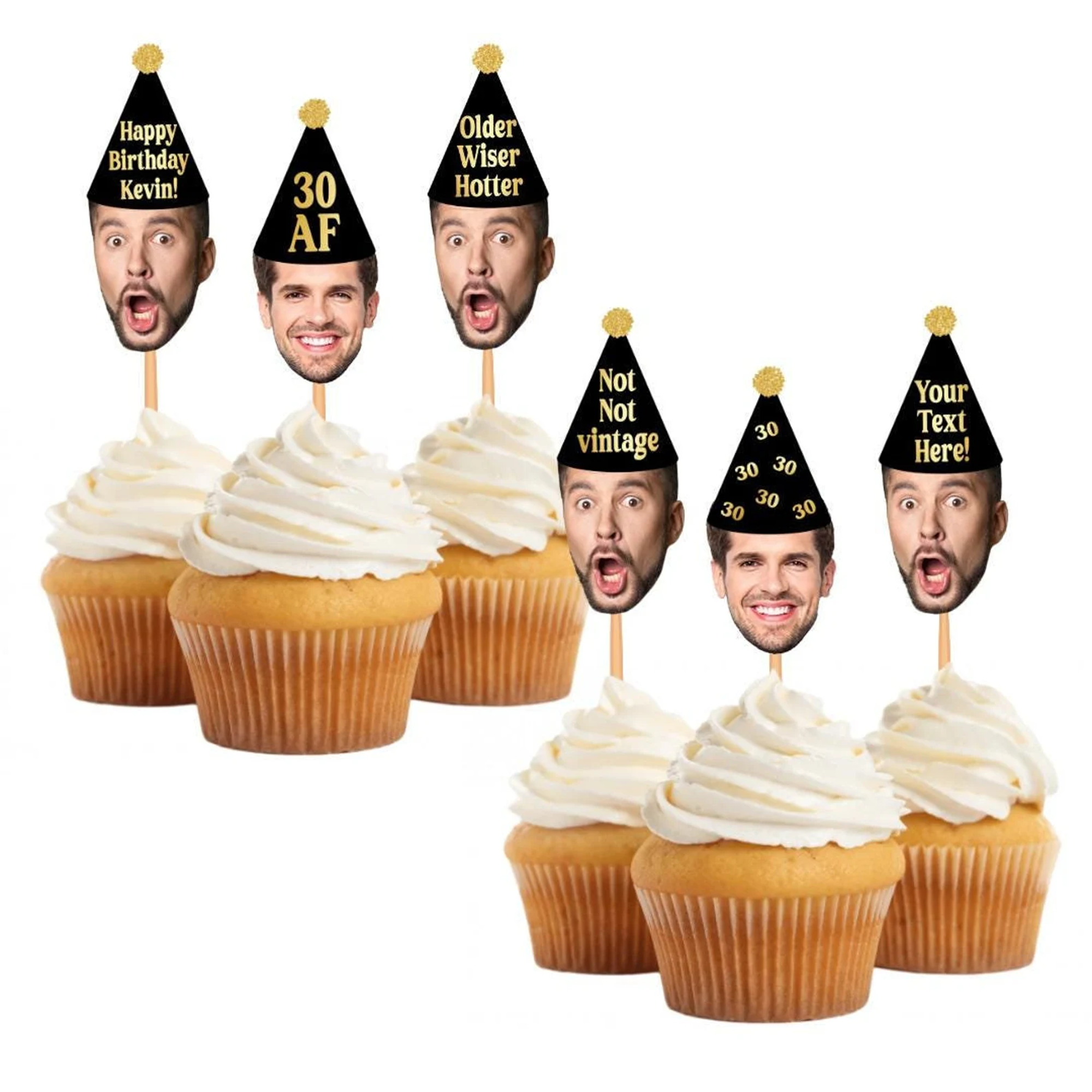 Personalized dessert toppers with custom photo design—unique party décor and cake accessories perfect for birthdays, weddings, and celebrations.