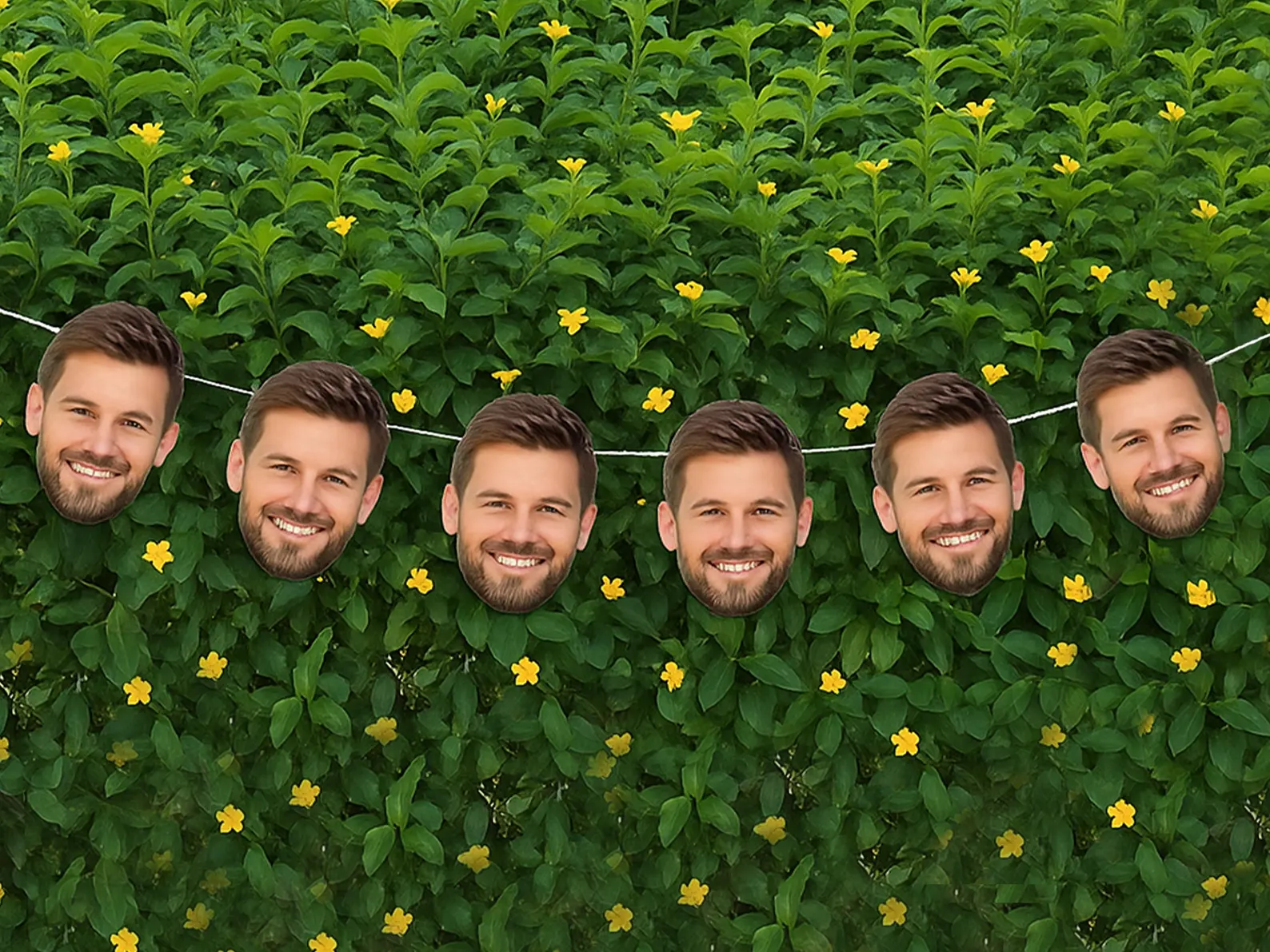 Six custom photos of a face strung on a banner for celebrations like bachelorettes, birthdays, anniversaries, graduations, baby showers, and bridal showers.